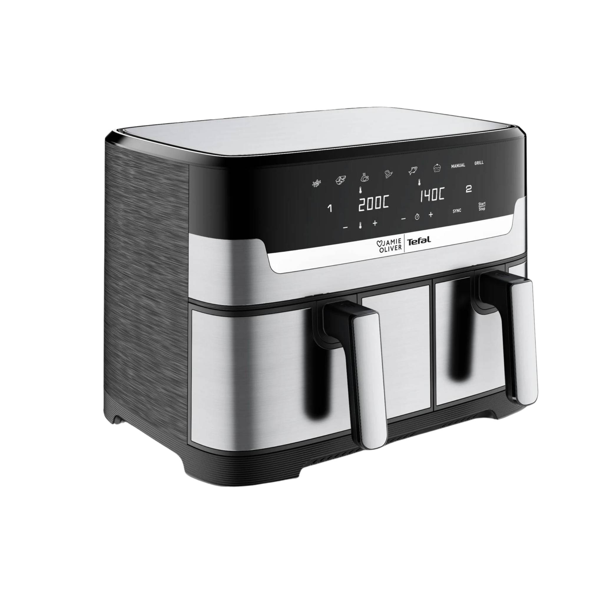 Schwarz-silberner Doppelkorb-Heißluftfriteuse mit digitalen Touch-Bedienelementen und zwei vorderen ausziehbaren Körben mit den Aufschriften Tefal und „QUAMIE OLIVER