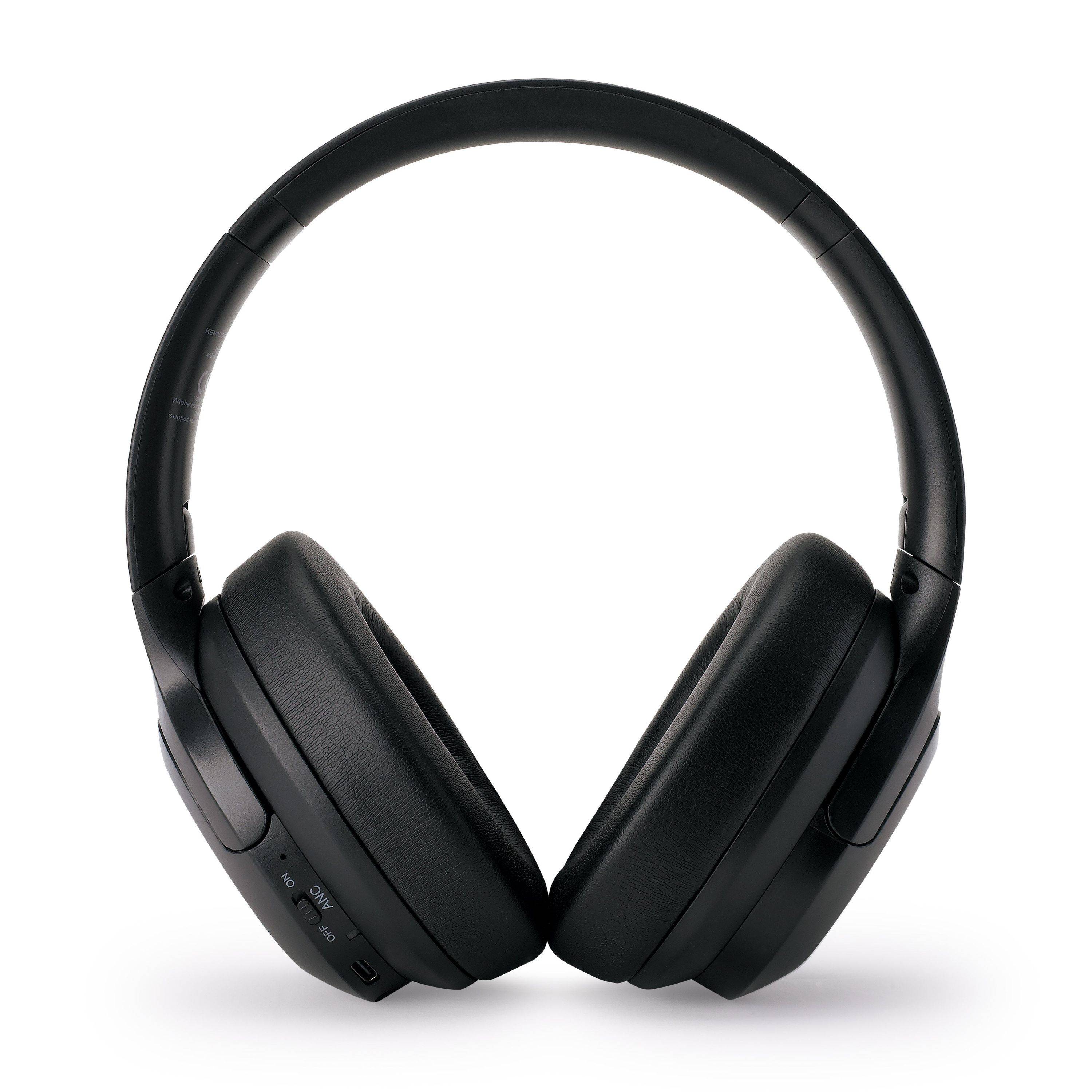 Schwarze Over-Ear-Kopfhörer mit Wireless-Funktion auf weißem Hintergrund, frontal dargestellt mit gepolsterten Ohrmuscheln und Kopfbügel.