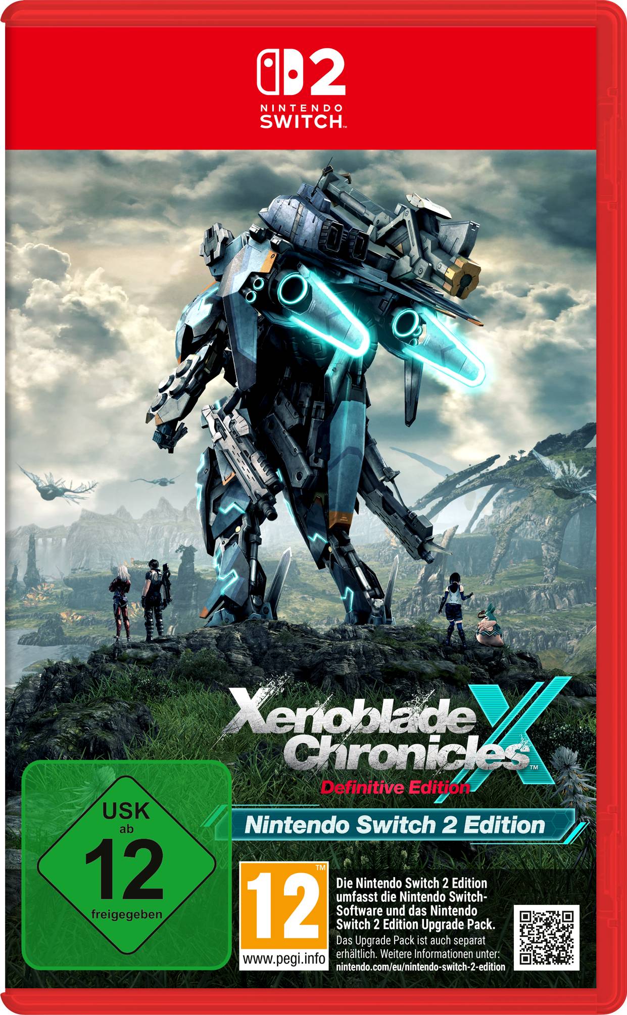 Nintendo Switch 2 Editions-Cover-Artwork für Xenoblade Chronicles X: Definitive Edition, das einen gigantischen Mech und kleine Figuren auf einer außerirdischen Landschaft zeigt, mit USK-12-Altersfreigabe.