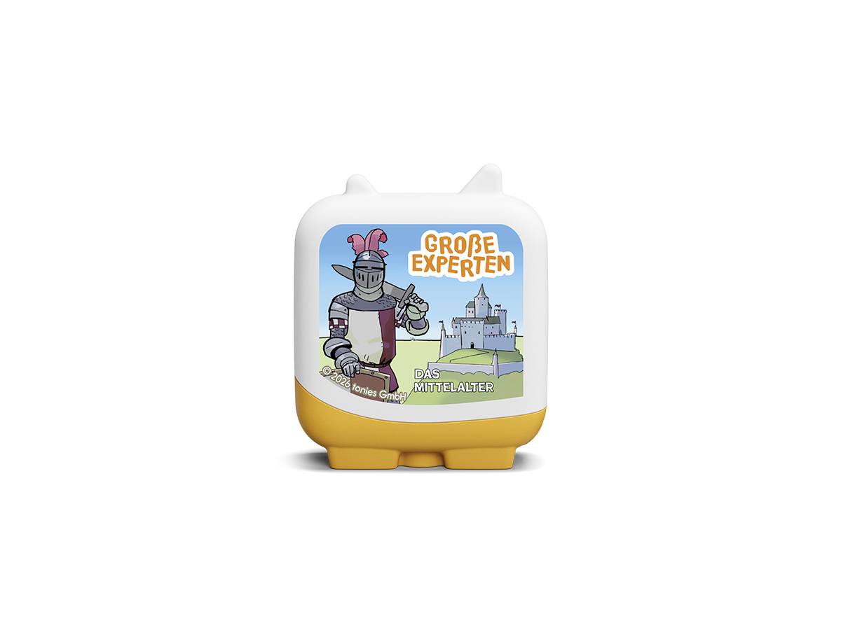 Eine kleine weiß-orange Spielfigur zeigt eine Ritter- und Burgengrafik mit der Beschriftung 'GROSSE EXPERTEN' und 'DAS MITTELALTER'.