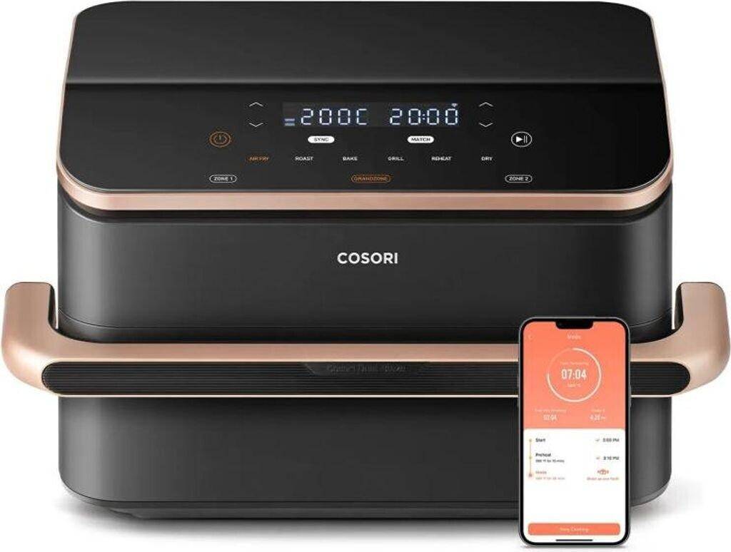 COSORI Heißluftfriteuse mit digitalen Steuerelementen und einer Smartphone-App vorne abgebildet, die App-basierte Kochkontrolle anzeigt.