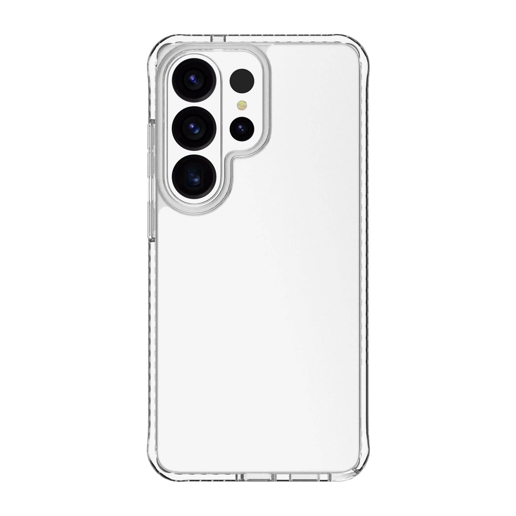 Transparente, klare Schutzhülle für das Telefon, die auf der Rückseite eines Smartphones gezeigt wird, mit Aussparungen für mehrere rückwärtige Kameras und Blitz.