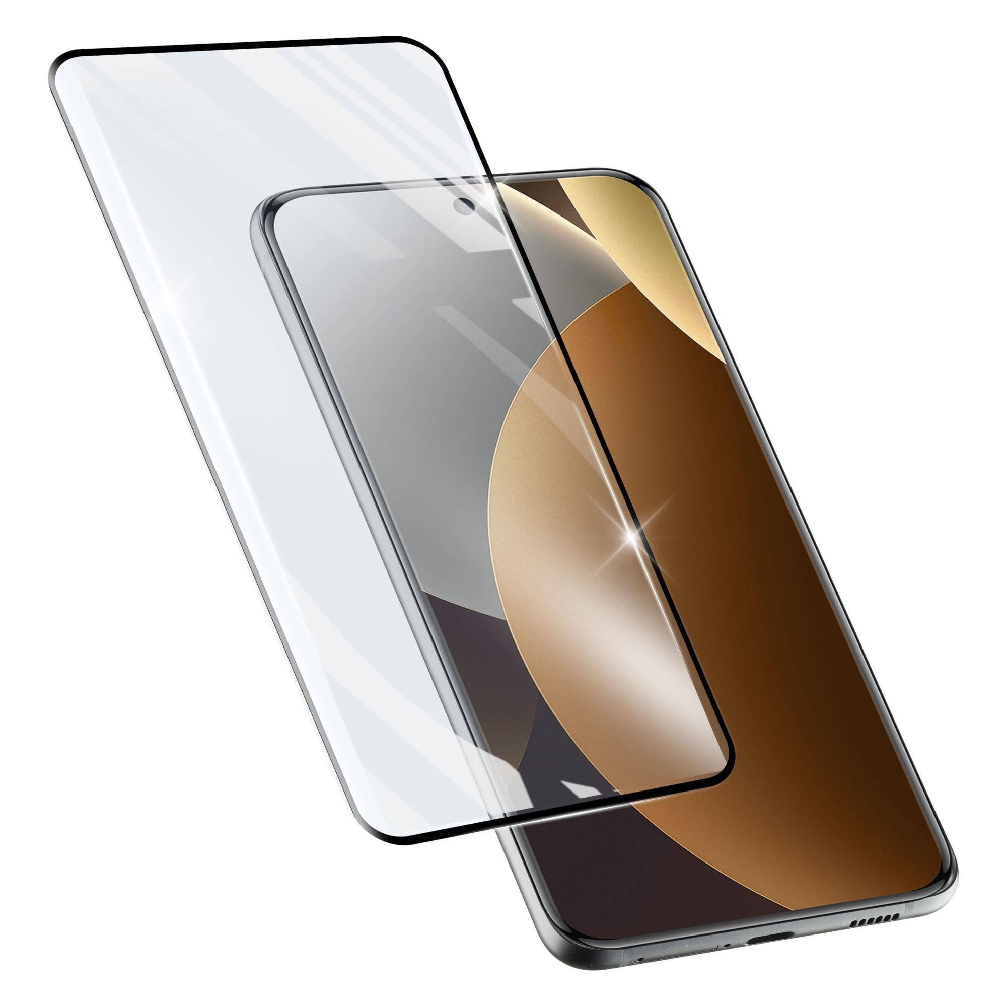 Zwei sich überlappende Displayschutzfolien für Smartphones, eine klar und eine getönt, auf einem Telefon gezeigt, um die Passform von Schutzglas zu veranschaulichen.
