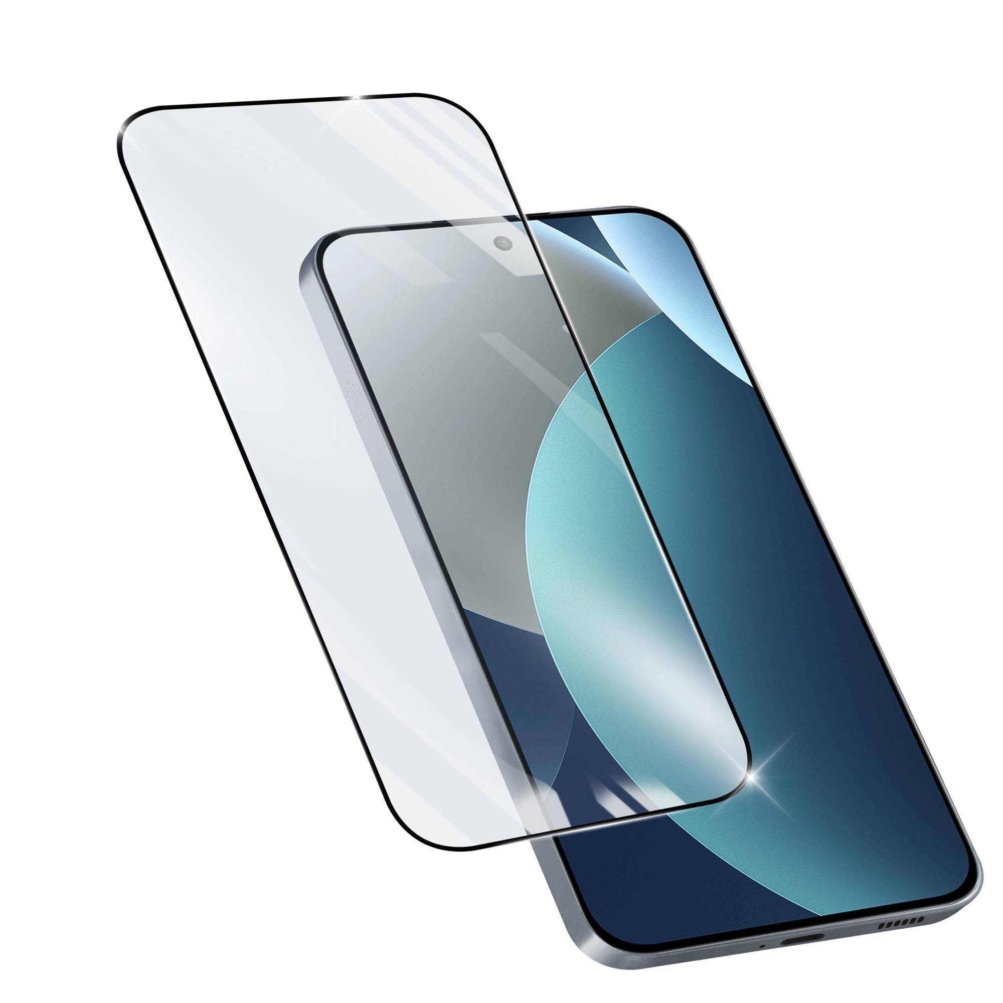 Smartphone mit einem transparenten Schutzfolienprotekt, der über dem Display ausgerichtet ist und die Installation eines Geräteschutzschirms andeutet.