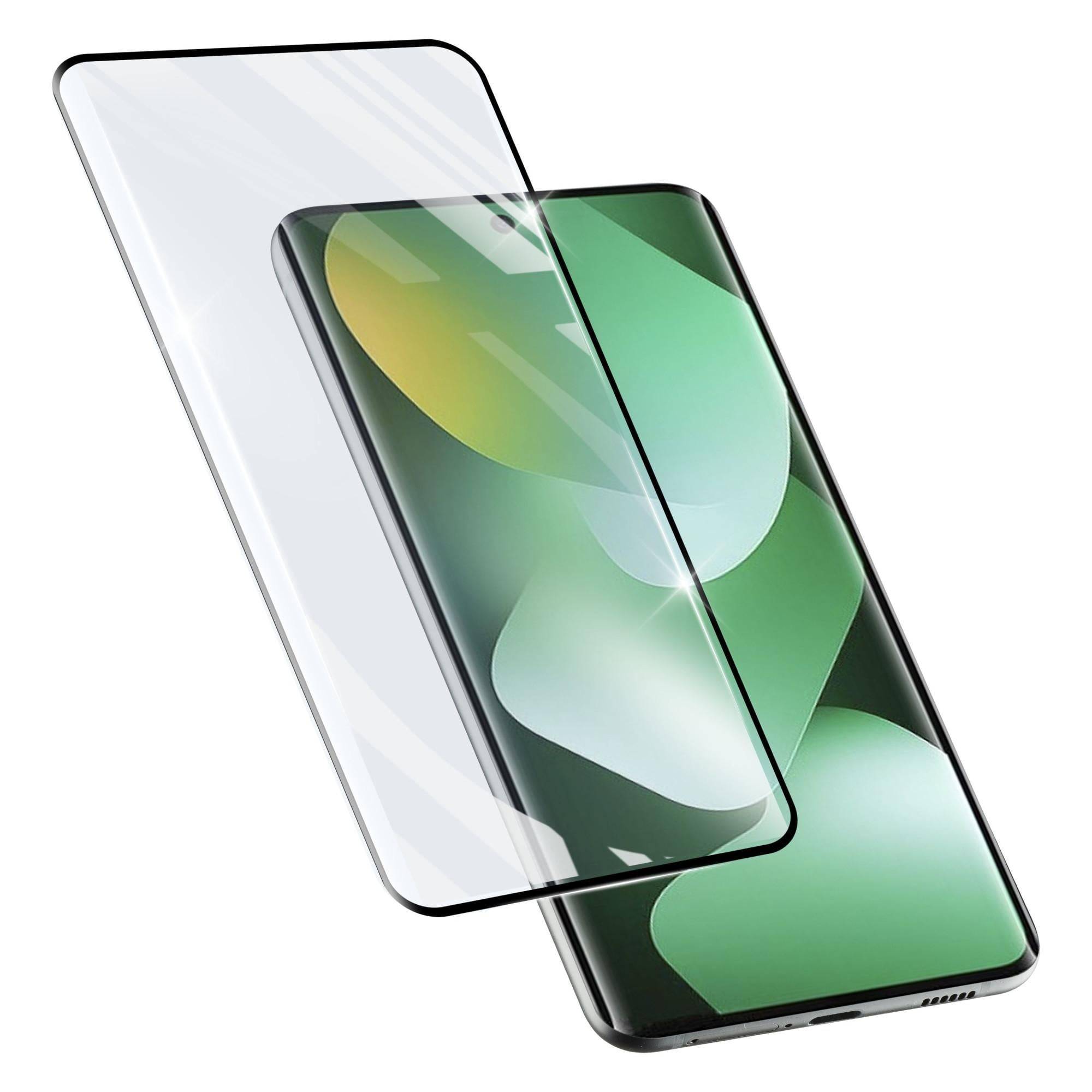 Zwei überlappende Smartphone-Displayschutzfolien, eine transparent und eine auf einem Telefon mit grünem Display installiert.