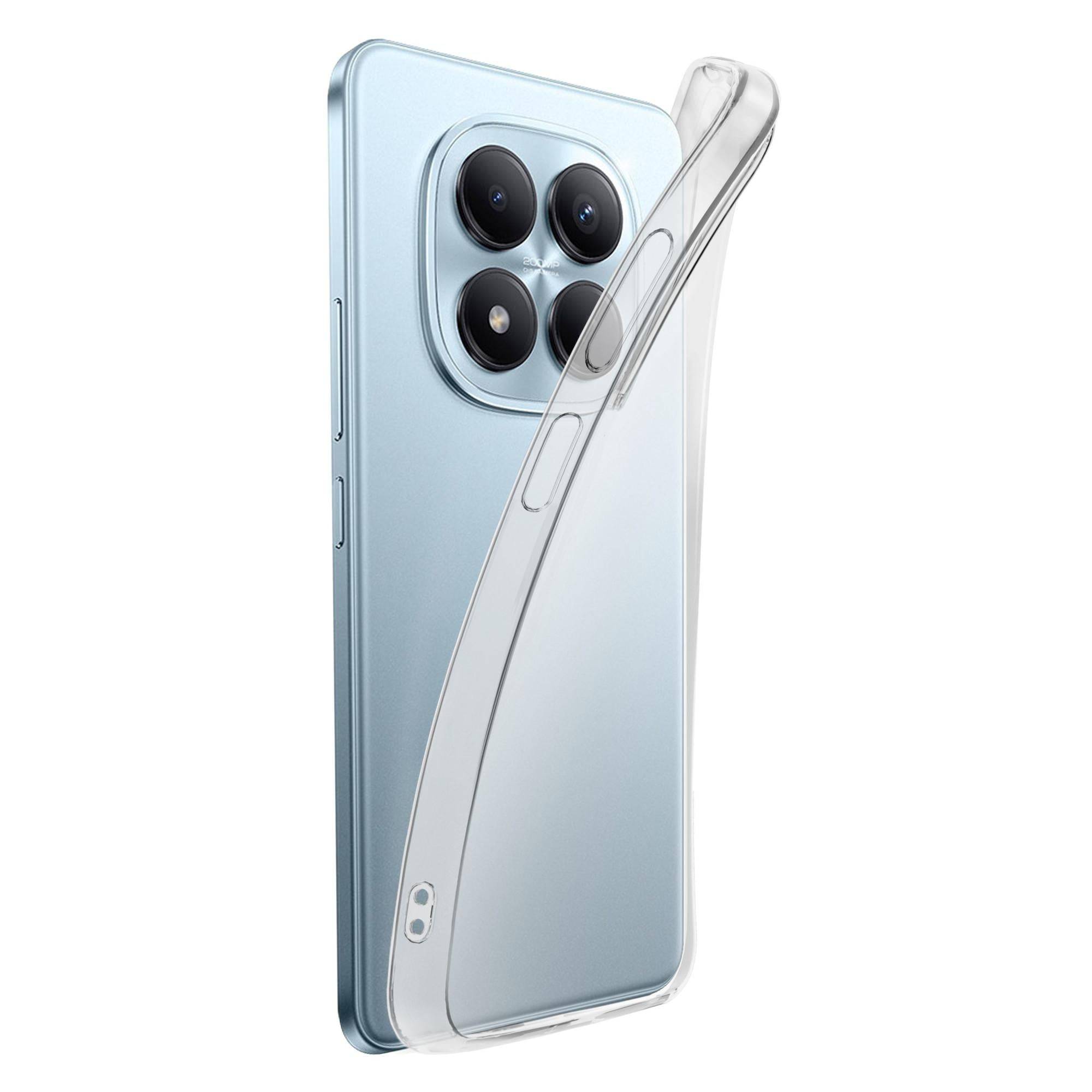 Blaues Smartphone von hinten gezeigt mit einer transparenten Schutzhülle und großem Triple-Kameramodul auf der Rückseite.
