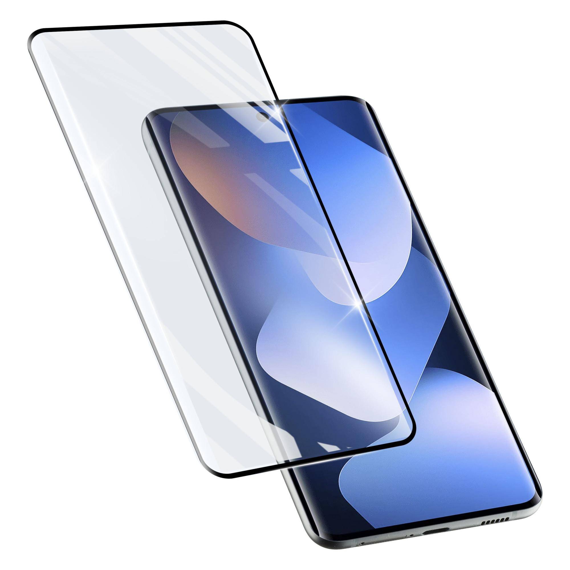 Ein Smartphone mit einer transparenten Displayschutzfolie, die versetzt über dem Display angebracht ist und ein schützendes Telefon-Zubehör zeigt.