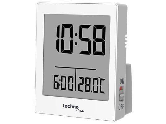Digitale Wanduhr zeigt 10:58 mit kleinerer Anzeige, auf der 6:00 und 28,0°C zu sehen sind; seitlicher Schalter mit der Beschriftung EIN/AUS.