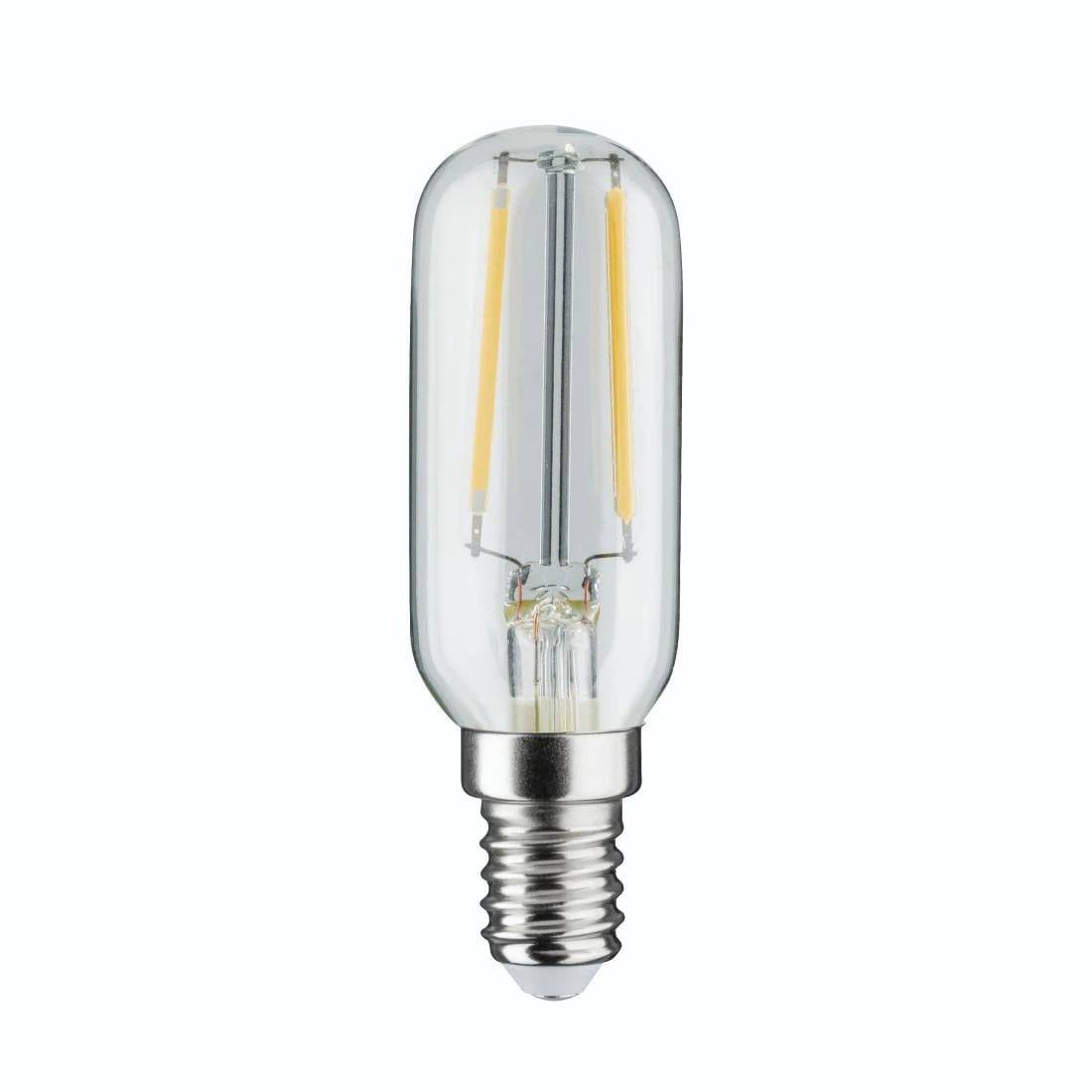 Eine klare LED-Glühbirne mit kleiner Schraubfassung auf weißem Hintergrund.