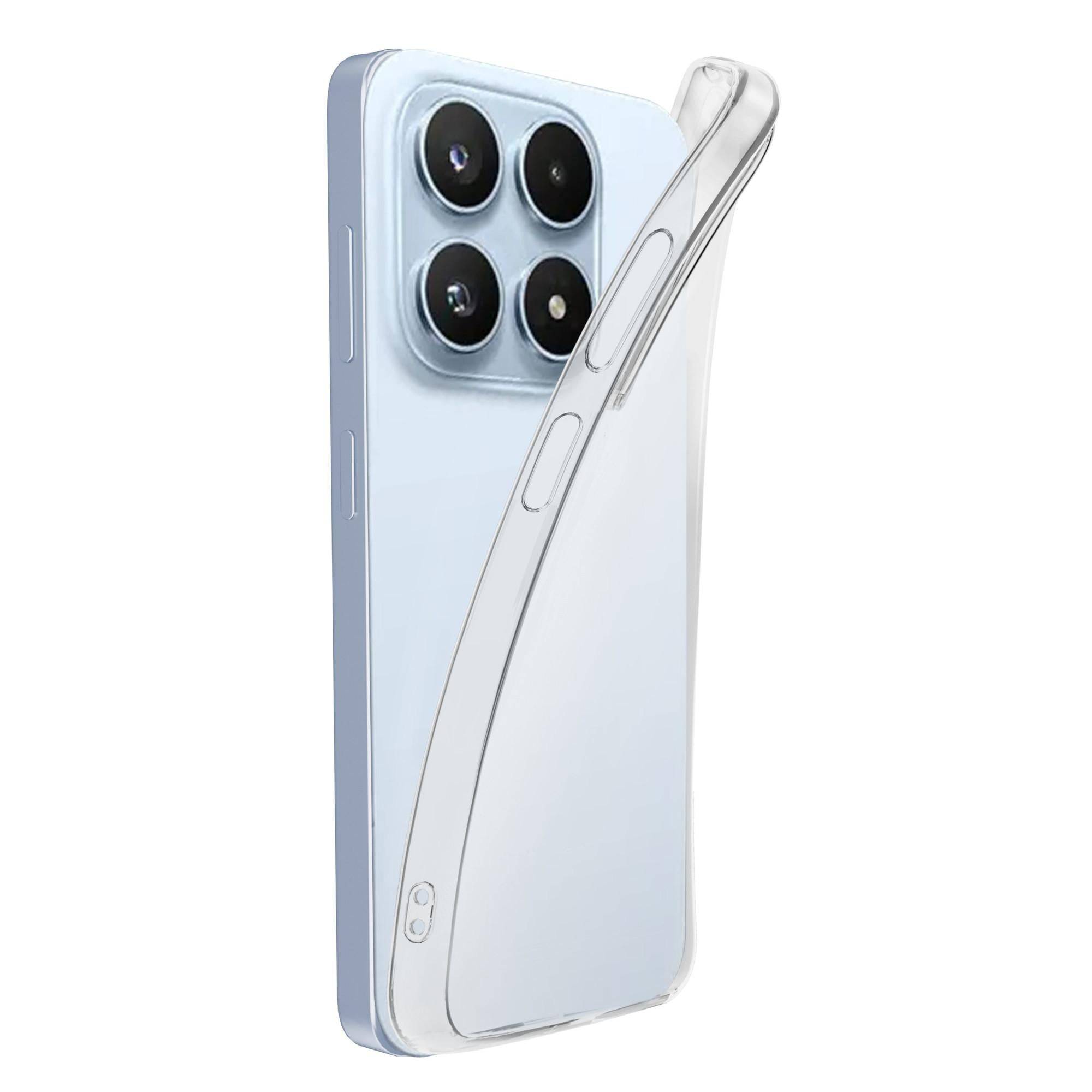 Transparente flexible Hülle, die über einem hellblauen Smartphone gezeigt wird, wobei die Aussparung der Rückkamera und die Abdeckung der Seitentasten hervorgehoben werden.
