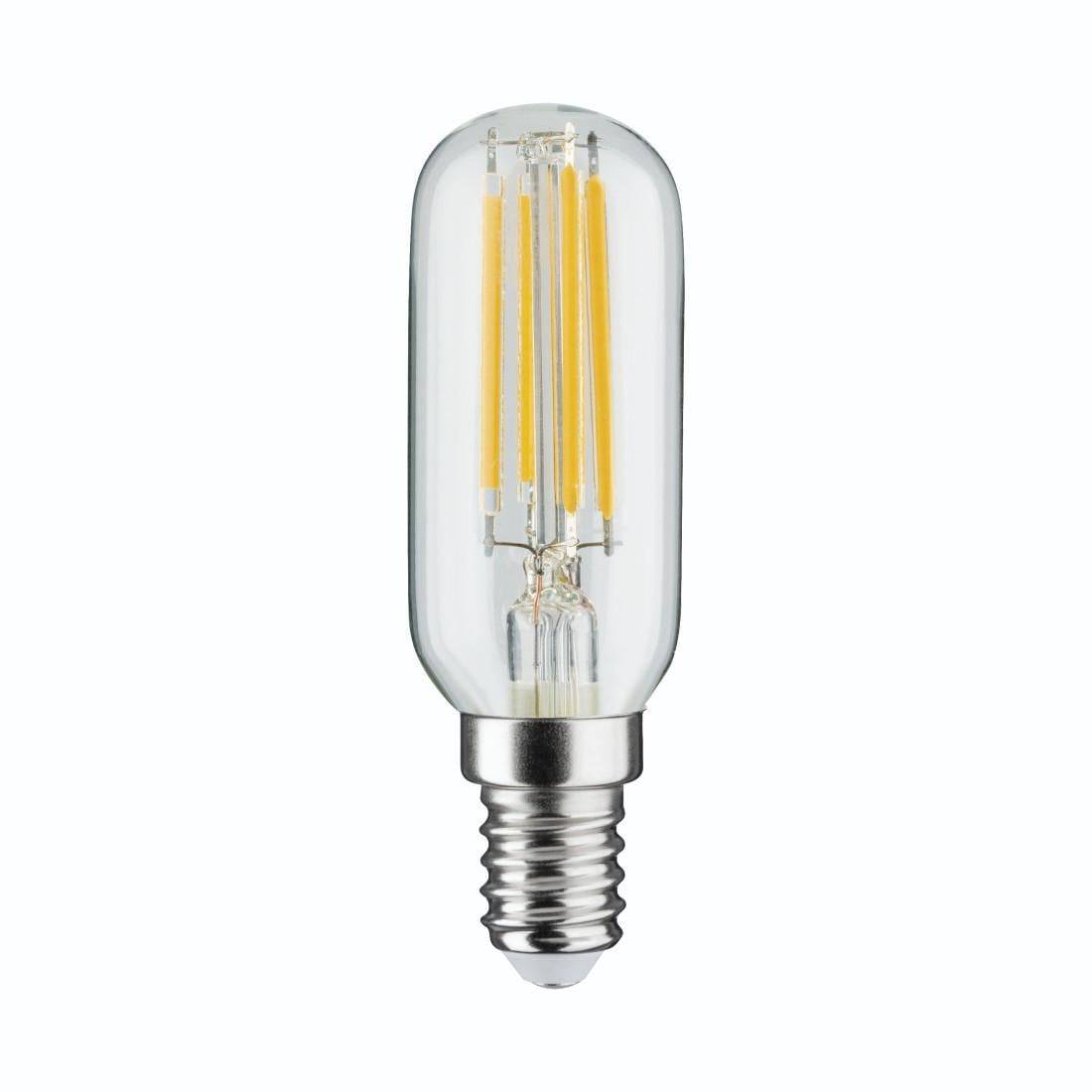 Klare LED-Glühbirne mit Glühfaden und kleiner Schraubfassung auf weißem Hintergrund.