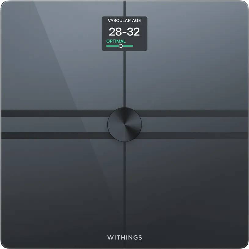 Withings intelligente Waage zeigt Gefäßalter 28-32 mit Markierung 