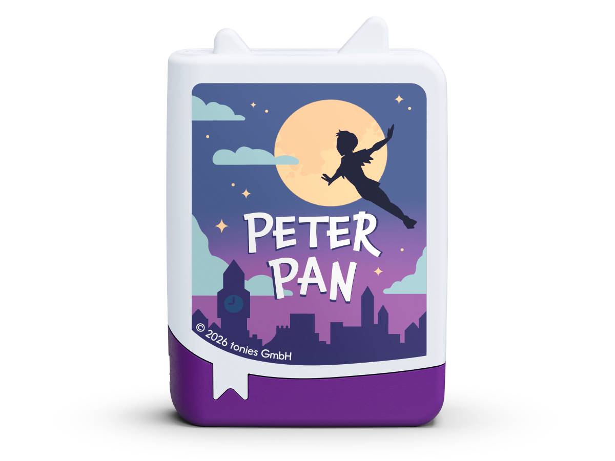 Peter-Pan-Design-Behälter in Lila und Weiß mit einer Silhouette von Peter Pan, der über den Mond fliegt, im Hintergrund eine Stadtsilhouette, mit dem Titel „PETER PAN