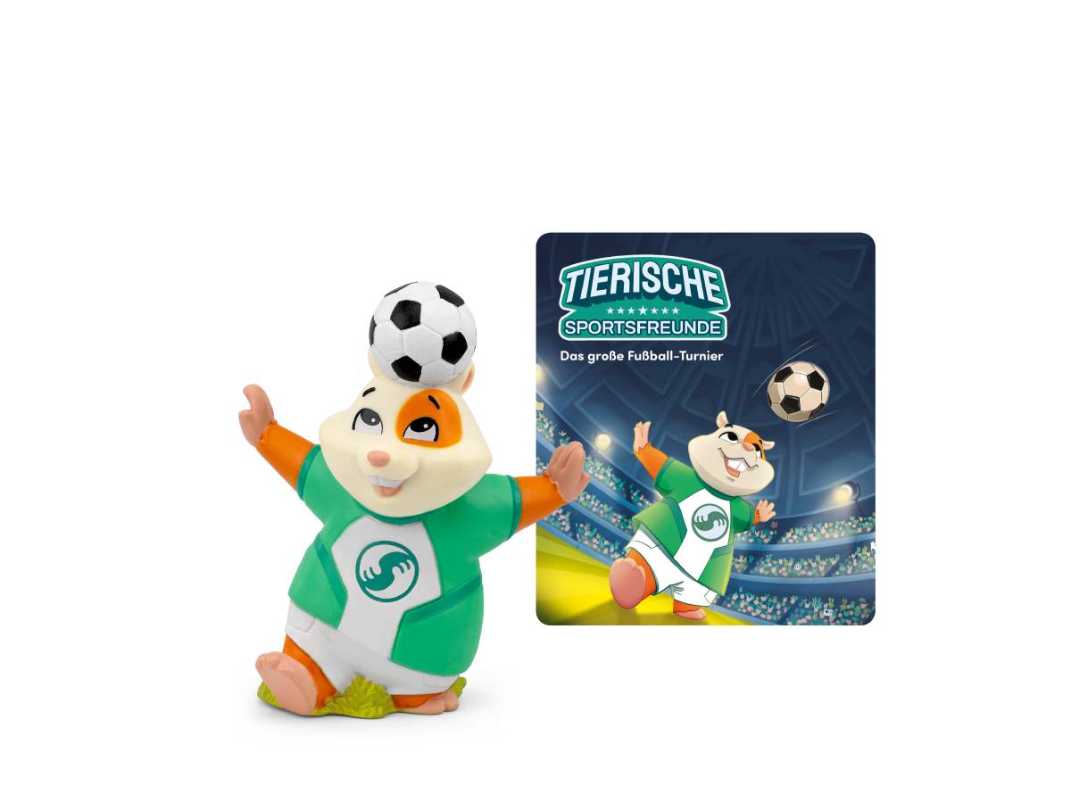 Cartoon-Tiermaskottchen in grünem Trikot, das einen Fußball balanciert, neben einem Plakat mit der Aufschrift „Tierische Sportsfreunde