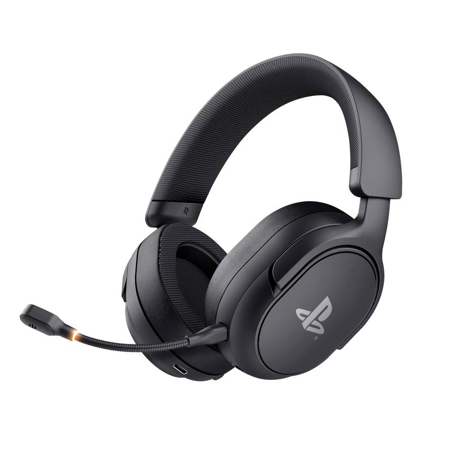 Schwarzes Over-Ear-Gaming-Headset mit Boom-Mikrofon und leuchtender Anzeige, dargestellt auf einem einfachen schwarzen Hintergrund.