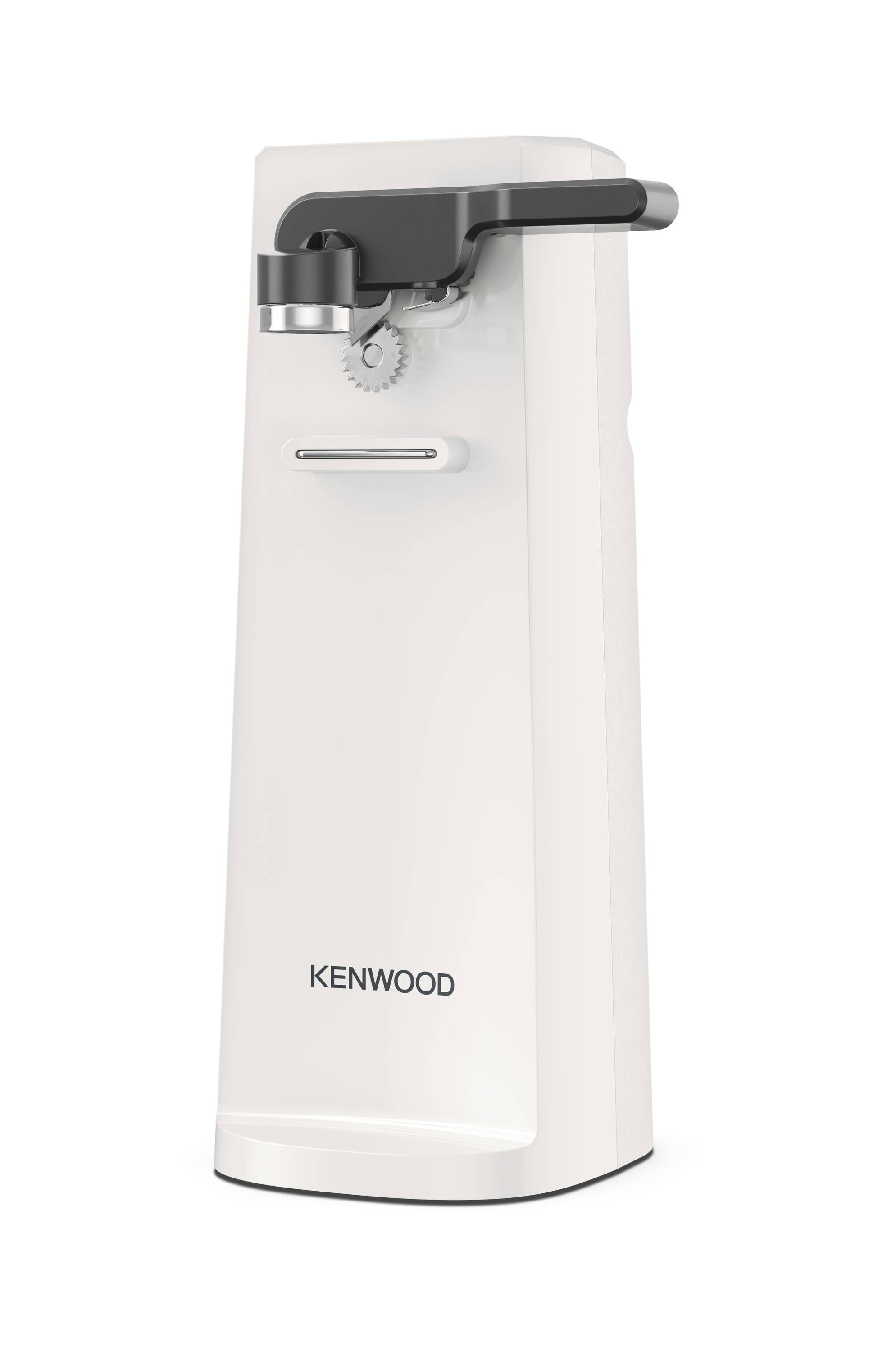 Weiße Kenwood-Küchenarbeitsplatz-Apparat mit dunklem oberen Hebel und Auslauf, vorderem Drehregler und schmalem rechteckigem Schlitz auf sauberer weißer Oberfläche.