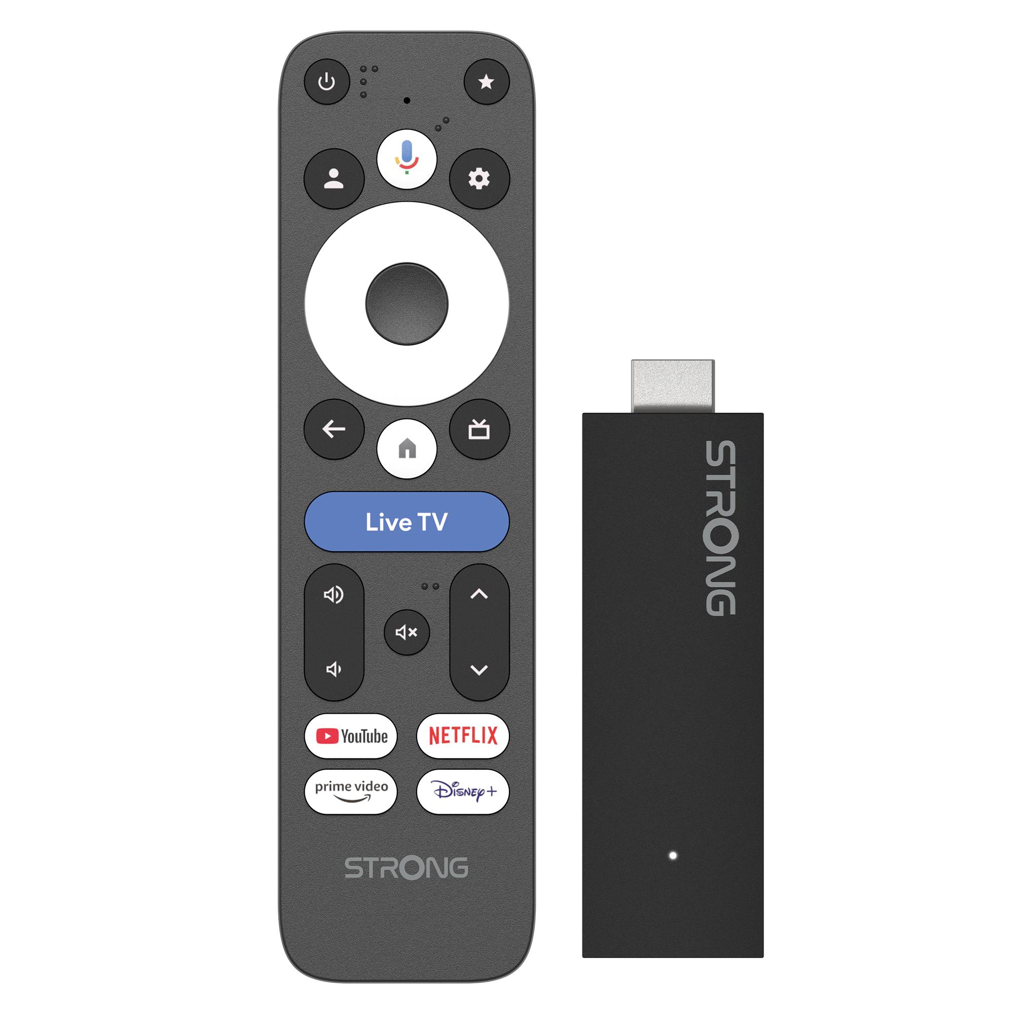 Starkes Streaming-Gerät mit Fernbedienung; Fernbedienung zeigt Navigationsring, Mikrofon, Live TV, Lautstärke, YouTube, Netflix, Prime Video und Disney+ Tasten.