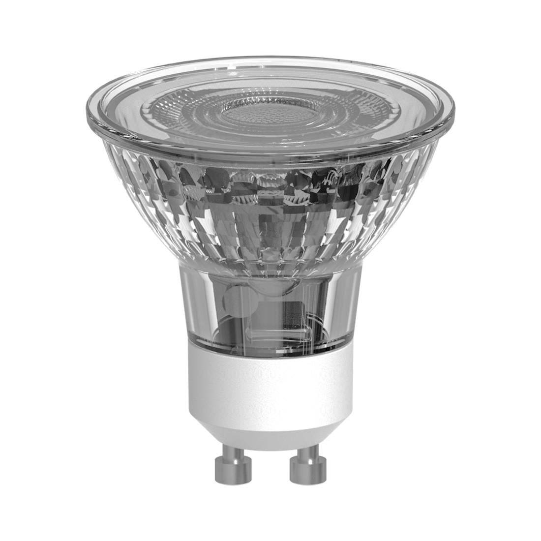 Klare Halogen-Spotlichtbirne mit reflektierender Oberseite und zwei Metallstiften, isoliert auf weißem Hintergrund.