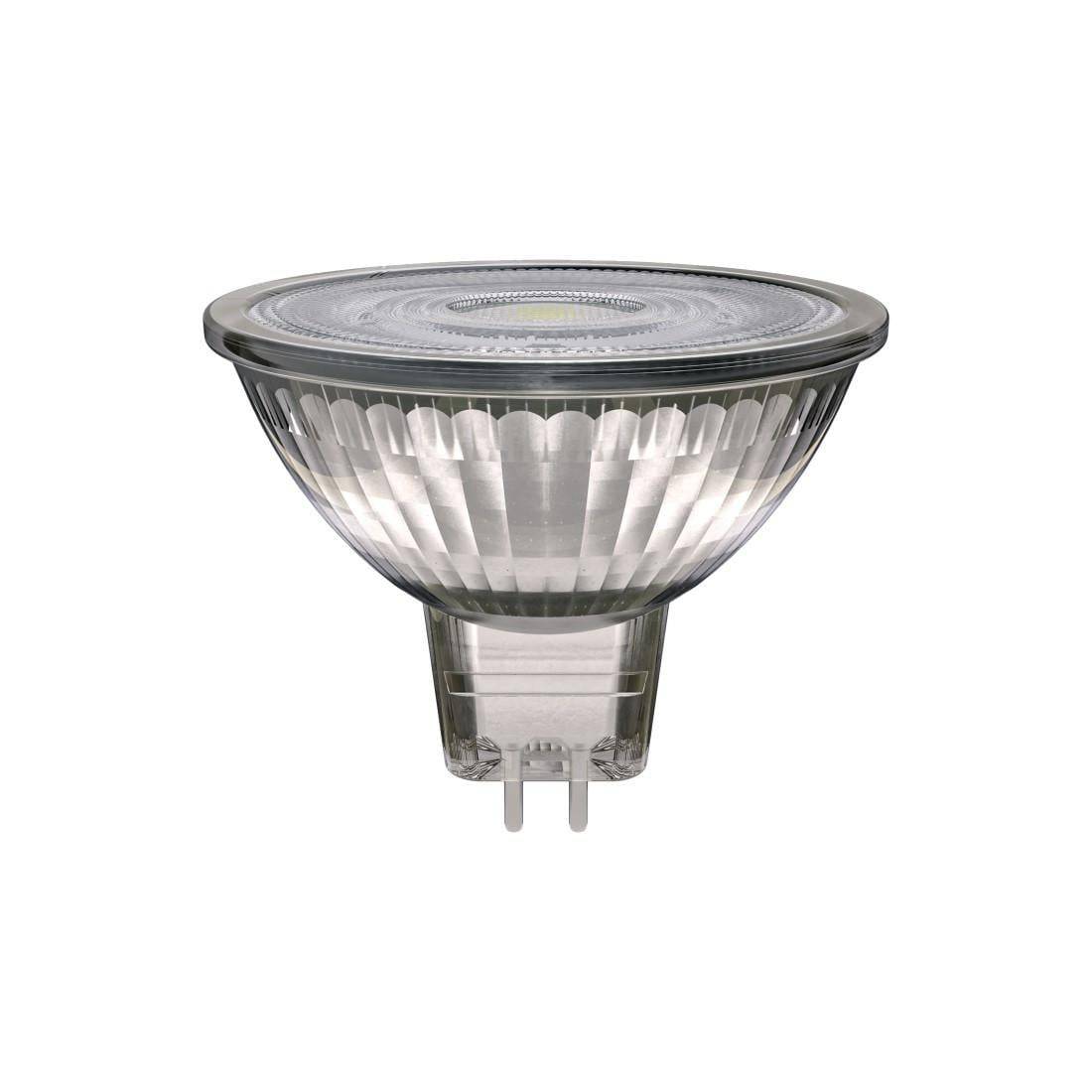 Eine klare LED-Spotlightbirne mit breiter Reflektorfläche und zweipoligem Sockel auf weißem Hintergrund.