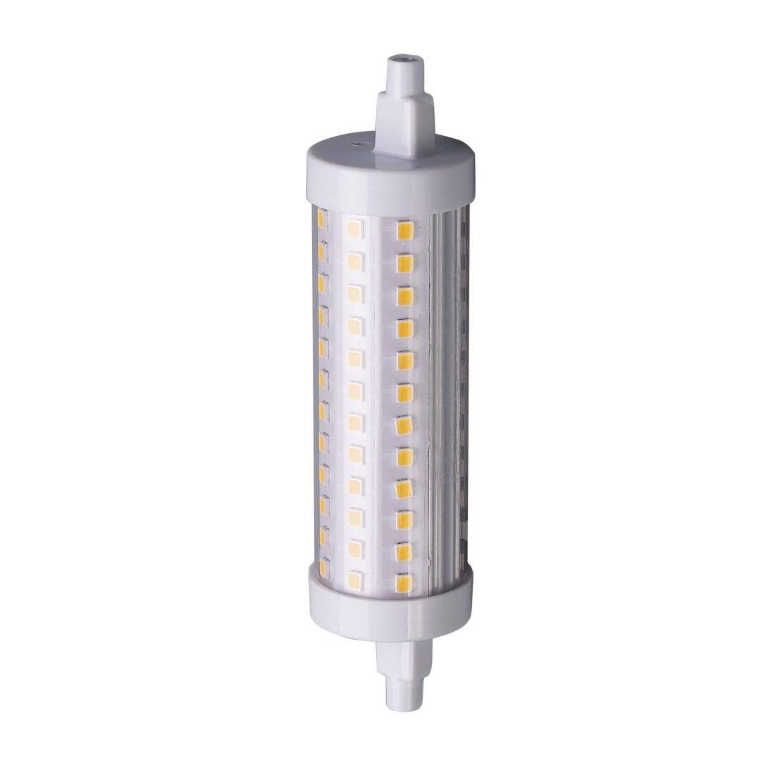Zylindrische LED-Glühbirne mit freiliegenden gelben Dioden auf weißem Hintergrund.