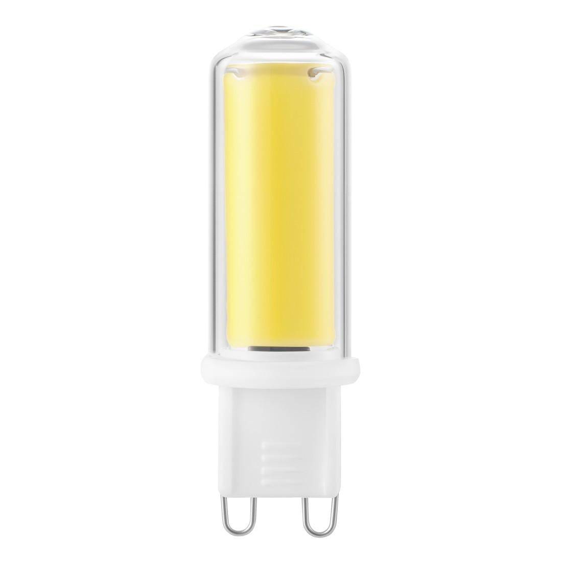 LED-Glühbirne mit transparentem zylindrischem Gehäuse und gelbem internem Element, isoliert auf weißem Hintergrund dargestellt.