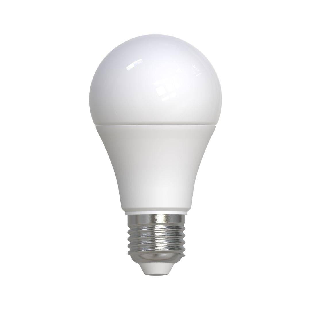 Eine weiße LED-Glühbirne mit Schraubfassung auf einfachem weißem Hintergrund.
