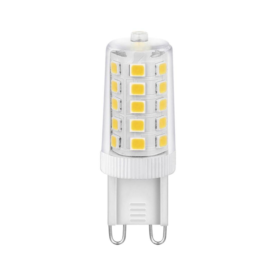 LED-Kapselleuchte mit zwei Metallstiften auf weißem Hintergrund.
