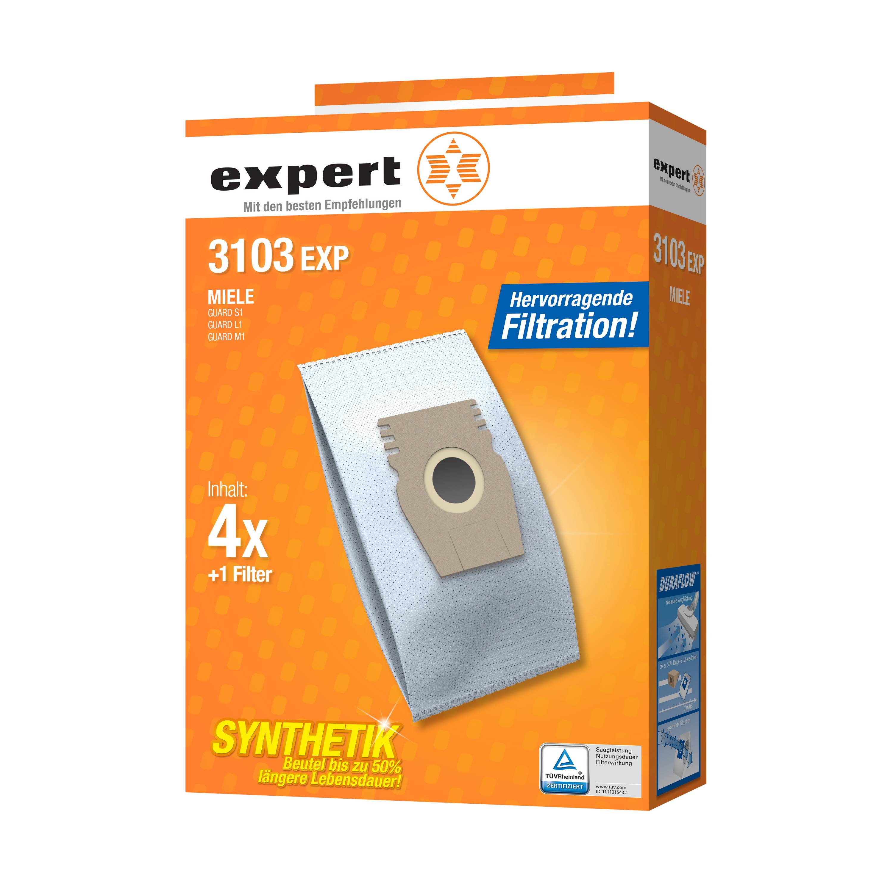 Orange Karton der Expert 3103 EXP Staubsaugerbeutel für Miele mit der Aufschrift „Hervorragende Filtration!