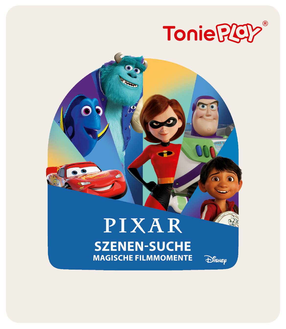 ToniePlay Pixar 'Szenensuch: Magische Filmmomente' Cover mit Charakteren aus Die Monster AG, The Incredibles, Toy Story und Coco.