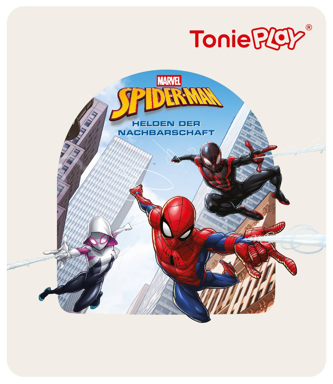 Marvel Spider-Man ToniePlay-Schachtel mit Spider-Man, Spider-Gwen und Miles Morales, die durch eine Stadt schwingen; Titel 'Helden der Nachbarschaft'.