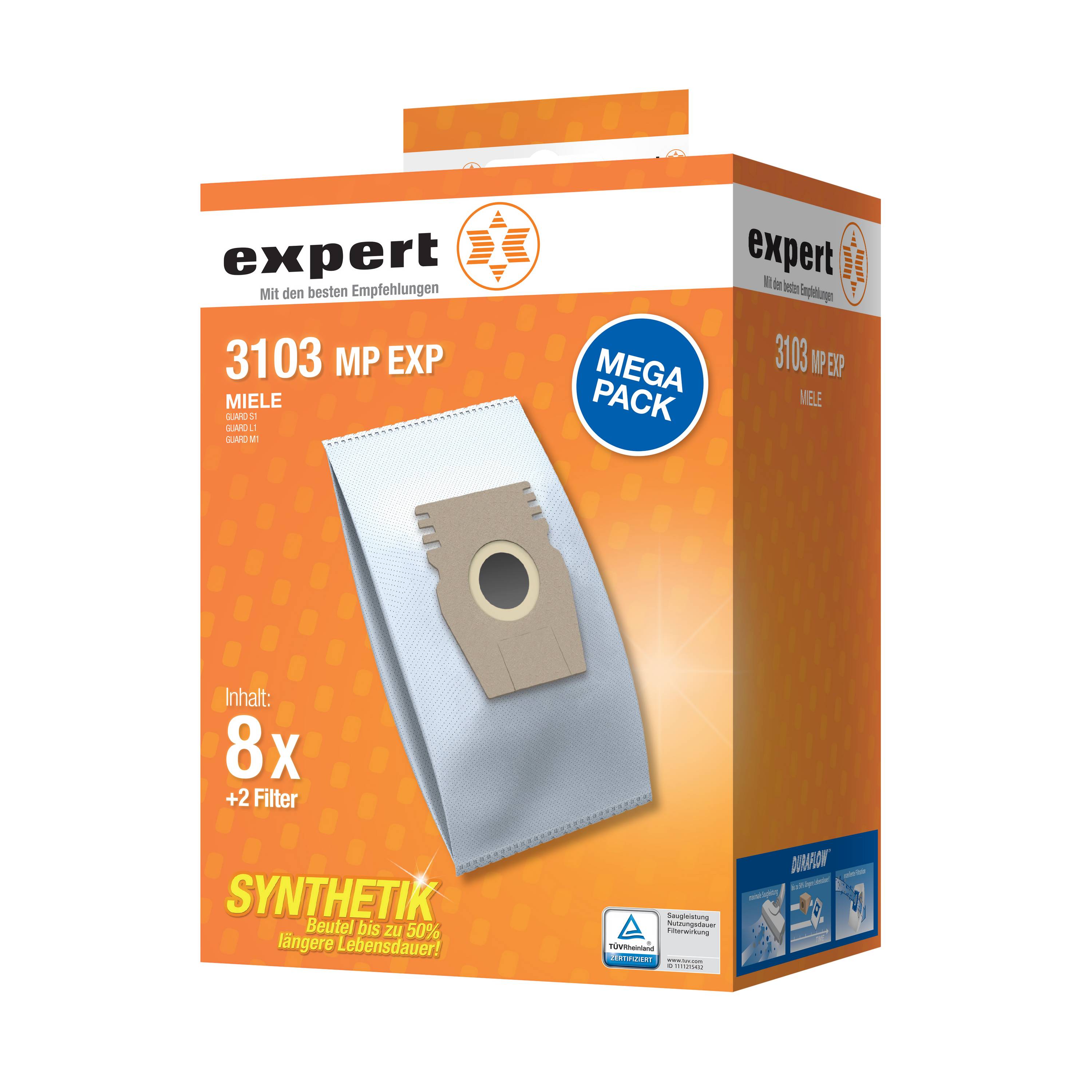Orange-weiße Schachtel mit Expert 3103 MP EXP Miele Synthetik-Staubsaugerbeuteln, gekennzeichnet mit 