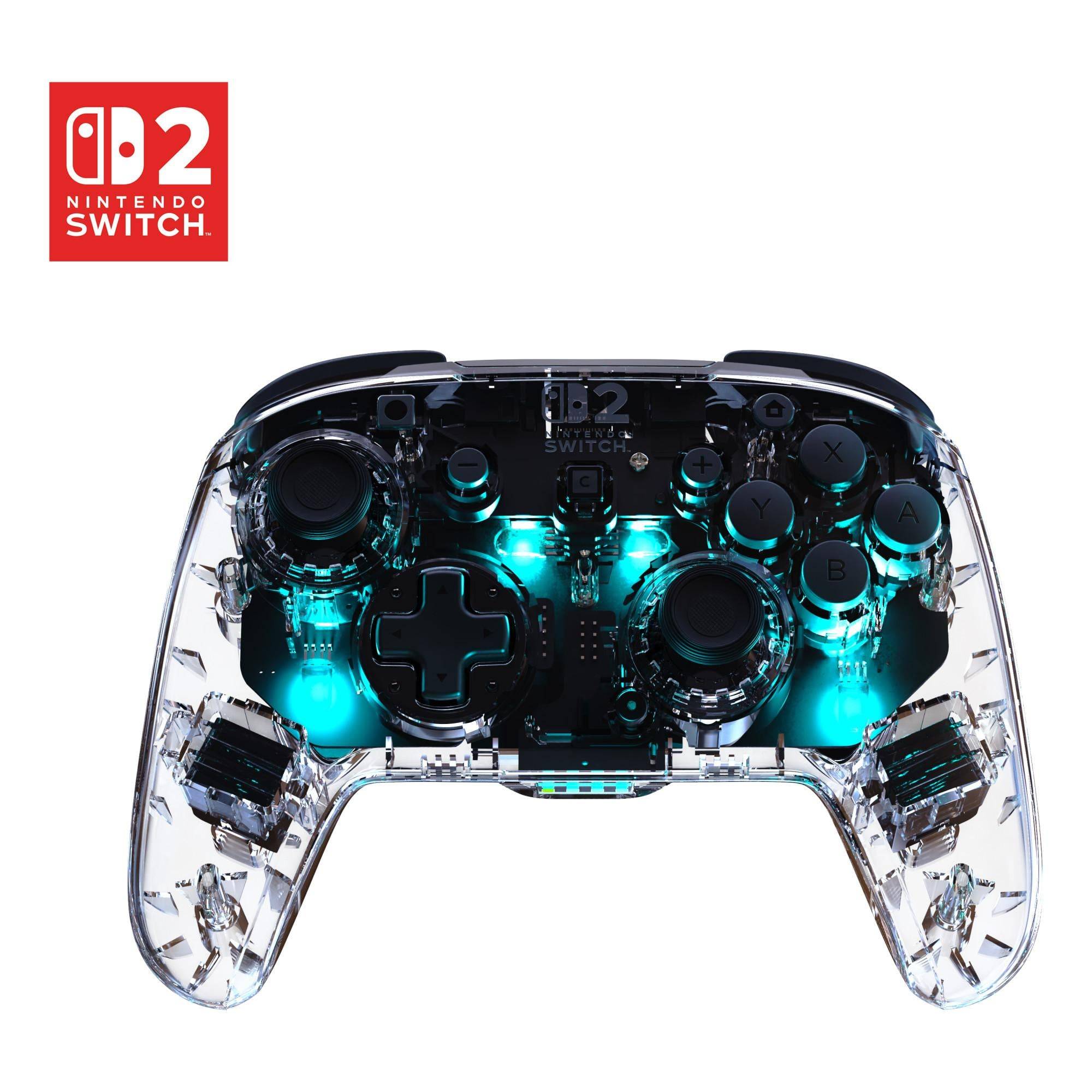 Transparenter Nintendo Switch 2-Controller mit leuchtenden blauen Lichtern und sichtbaren inneren Komponenten auf weißem Hintergrund, gezeigt mit dem Switch 2-Logo.