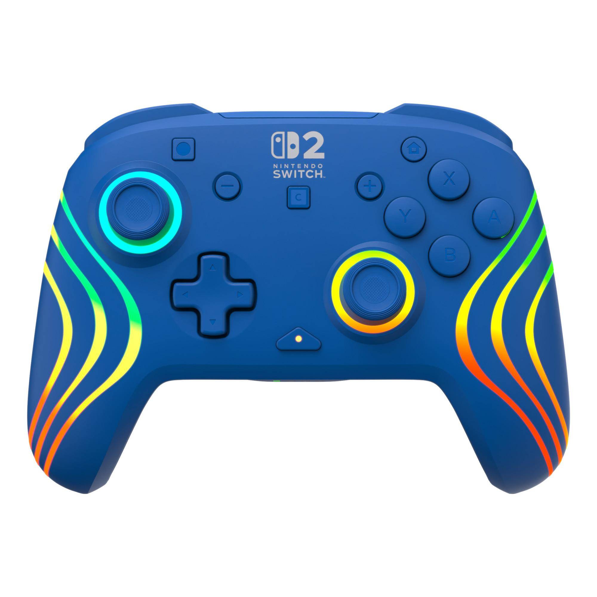 Blauer Nintendo Switch 2 Spielecontroller mit Neon-Wellen-Akzenten, dualen analogen Sticks, D-Pad und ABXY-Tasten auf weißem Hintergrund.