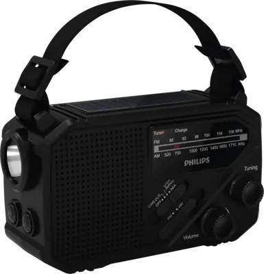 Schwarzes tragbares Philips-Radio mit Tragegriff, Abstimmskala, Lautstärkeregler und AM/FM-Sendersanzeige.