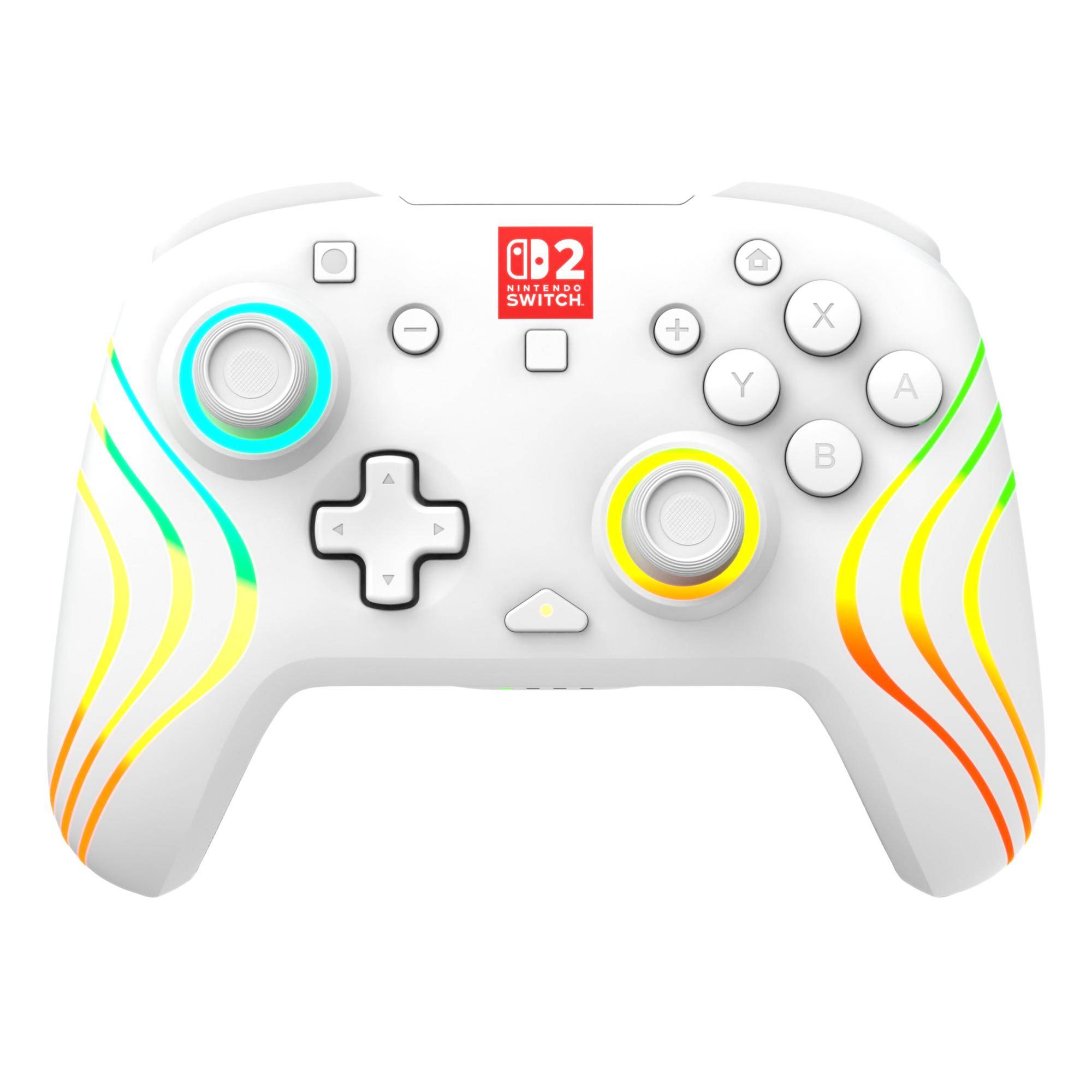 Weißer Nintendo Switch Pro Controller mit farbigen Wirbelmotiv-Akzenten, zeigt duale analoge Sticks, D-Pad, Tasten im Gesichtsdesign und das 