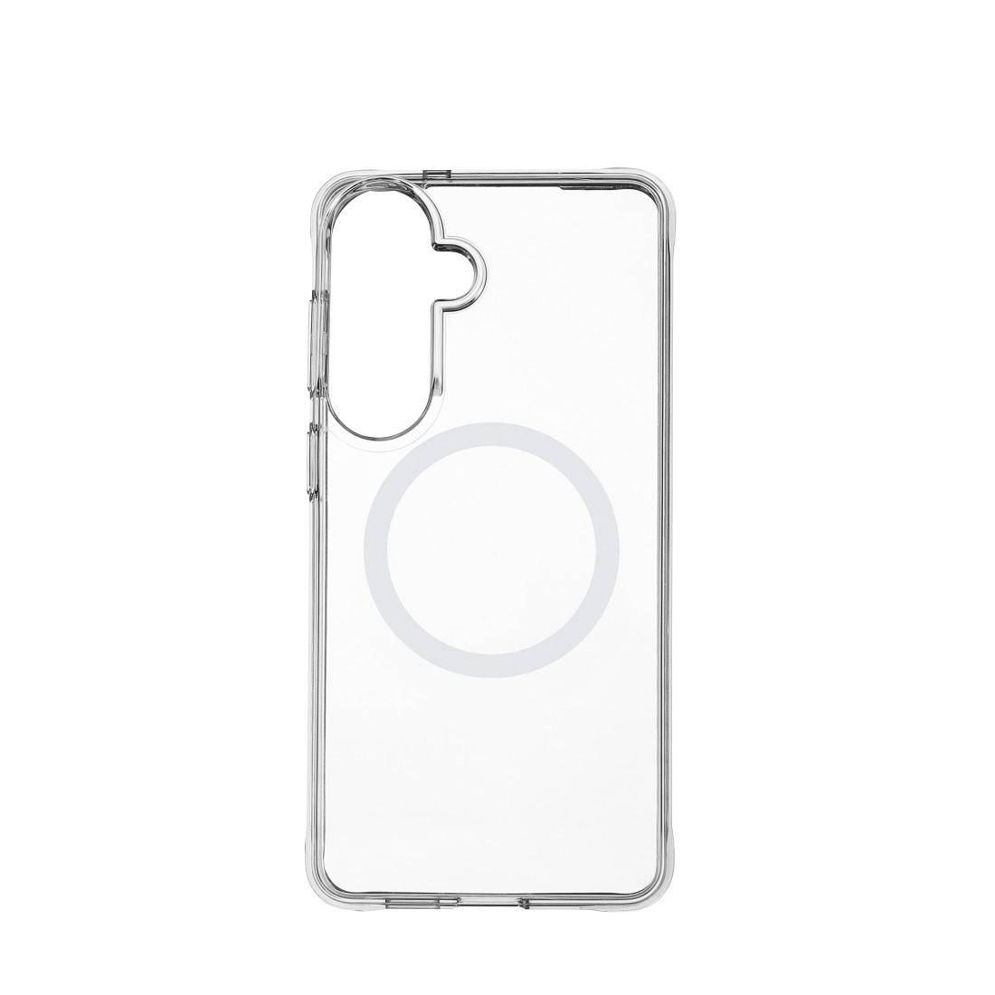 Klare Schutzhülle für Smartphone mit großem kreisförmigem MagSafe-Ring und Aussparung für die rückseitige Kamera.