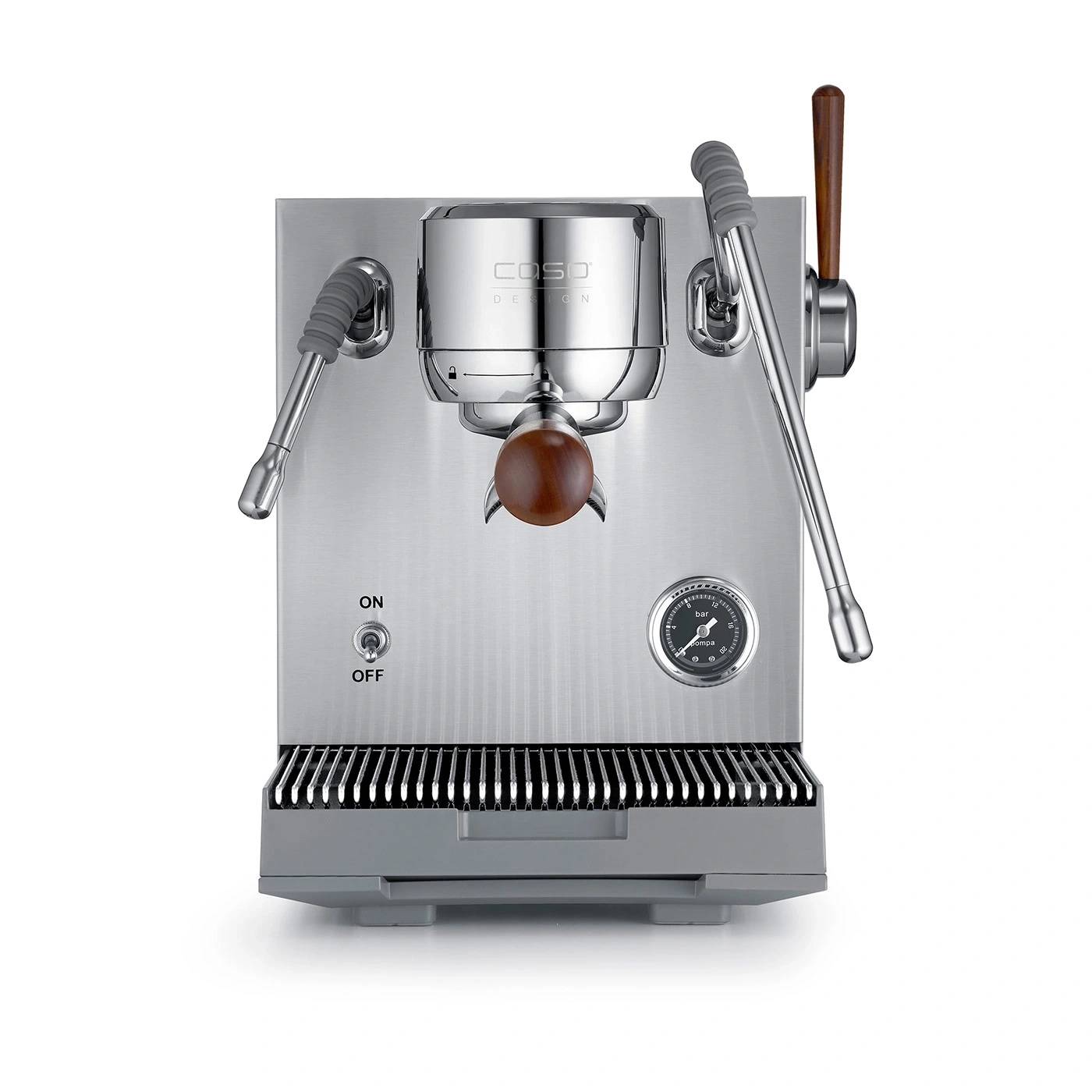 Vorderansicht einer Espressomaschine aus Edelstahl mit Siebträger, Dampflanze, Druckmesser und Hebel auf weißem Hintergrund.