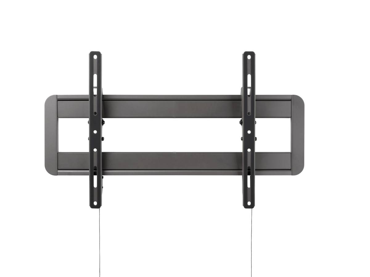 Eine schwarze wandmontierte TV-Halterung mit zwei vertikalen Montageschienen, zentriert auf einem dunklen Hintergrund.