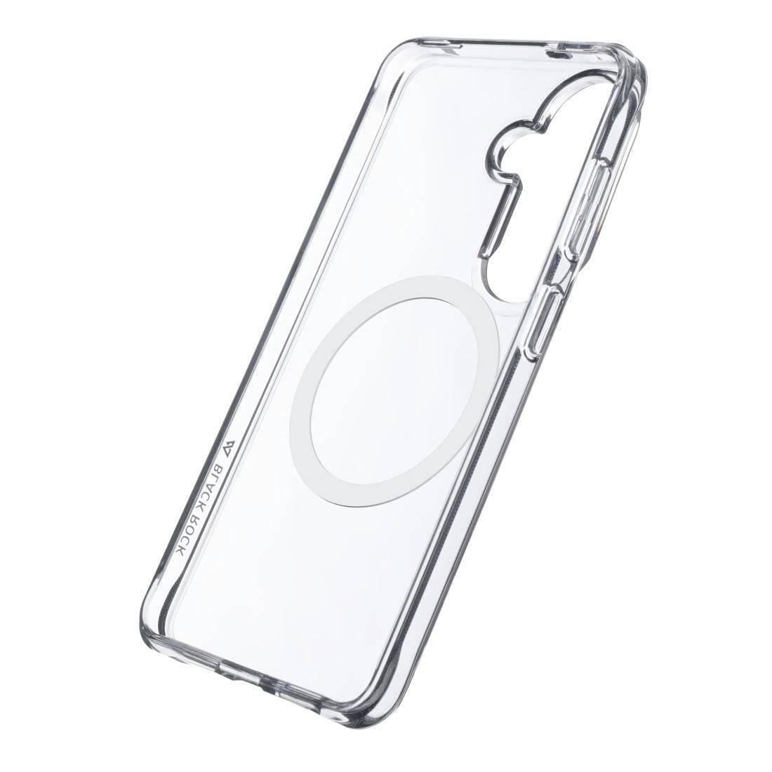Transparente, klare Handyhülle mit MagSafe-ähnlichem kreisförmigen Ring und erhöhtem Kameraausschnitt, auf weißem Hintergrund dargestellt.