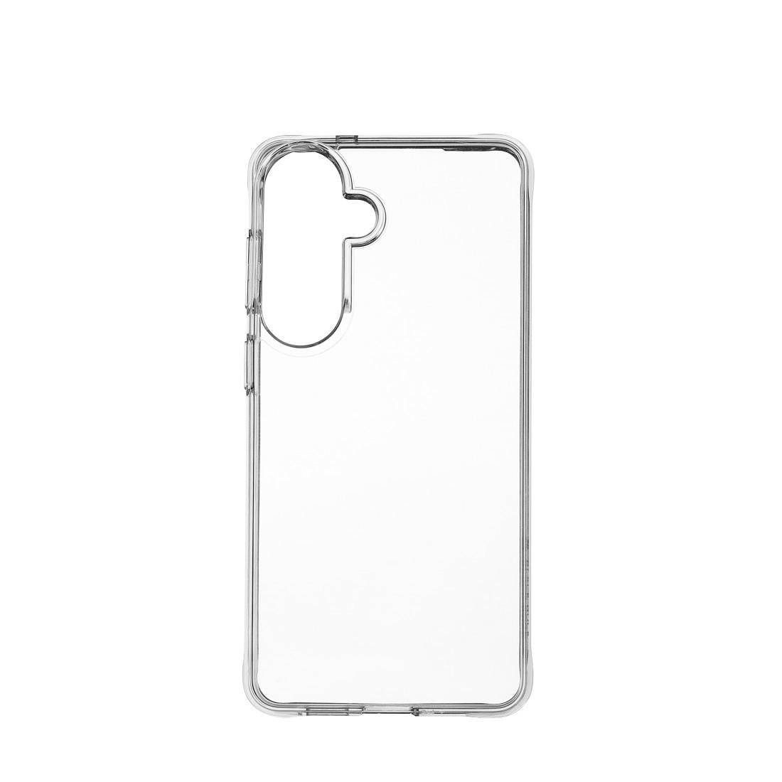 Transparente, durchsichtige Smartphone-Hülle mit großem Dual-Kamera-Ausschnitt, auf weißem Hintergrund dargestellt.