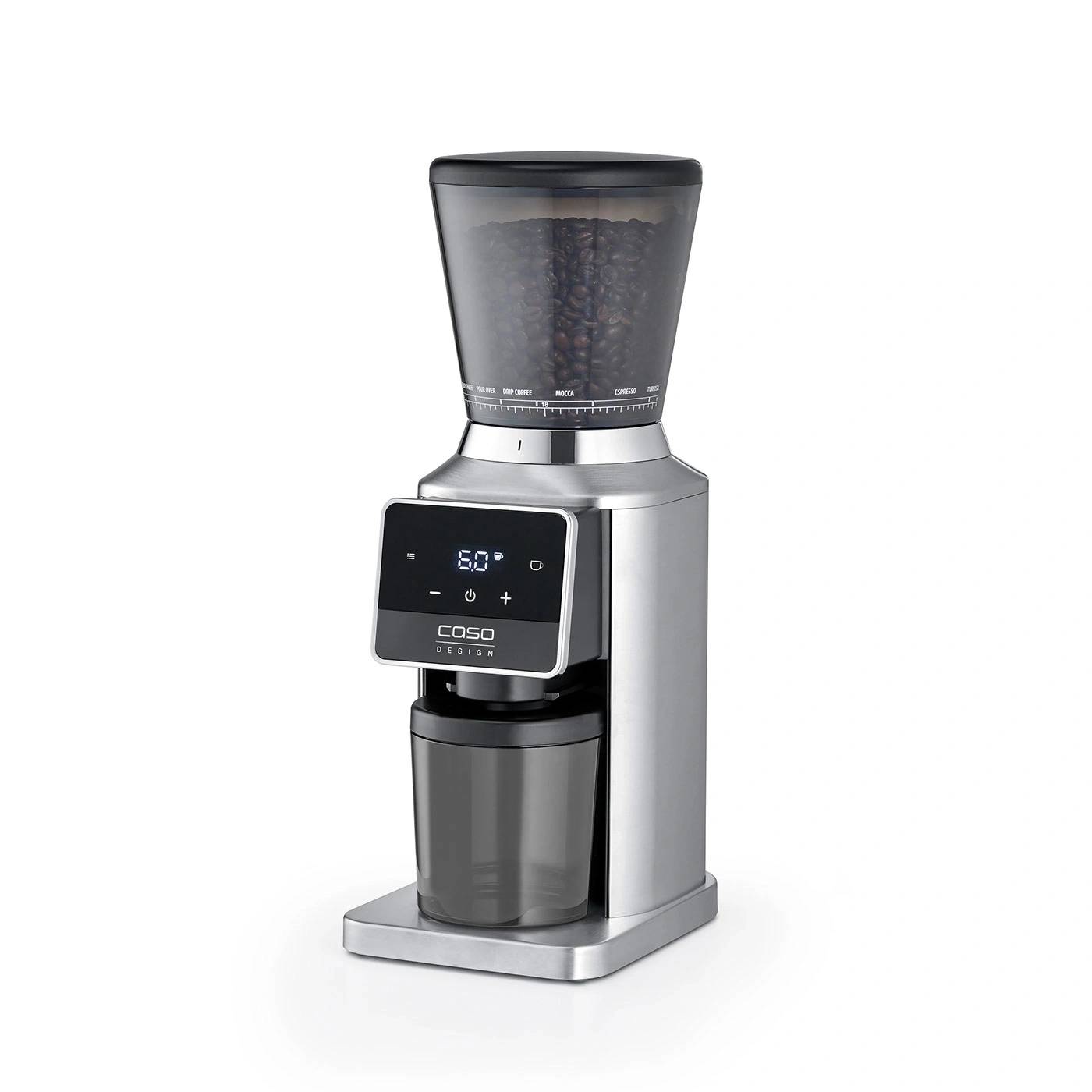 Edelstahlkaffeemühle mit elektrischem Antrieb, Bohnenbehälter, digitalem Display und Pulverbehälter auf weißem Hintergrund.