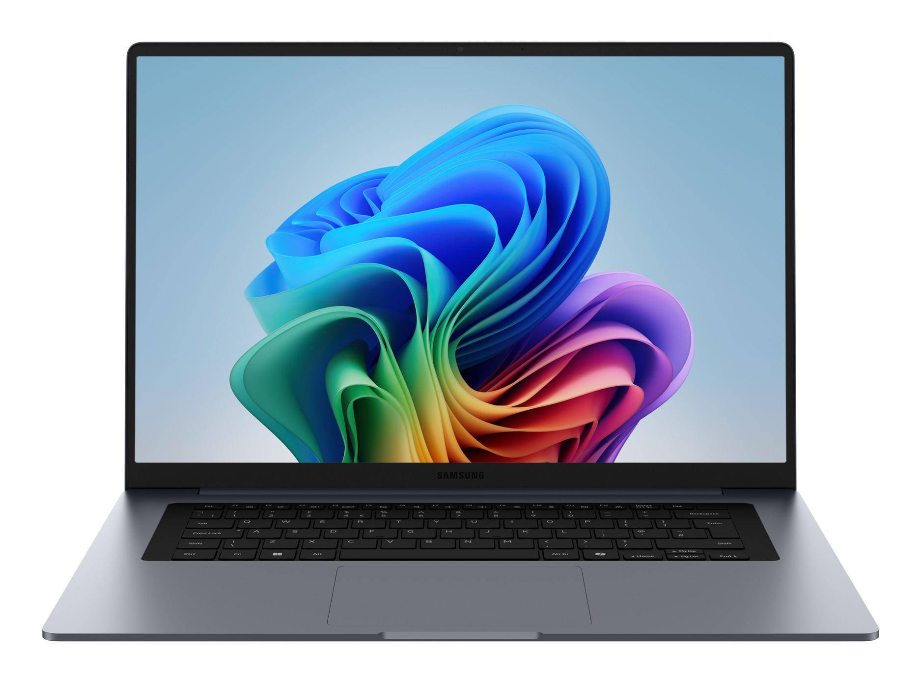 Ein silberner Laptop mit einer schwarzen Tastatur zeigt eine farbenfrohe, abstrakte Wirbel-Hintergrundgrafik auf seinem Bildschirm an.