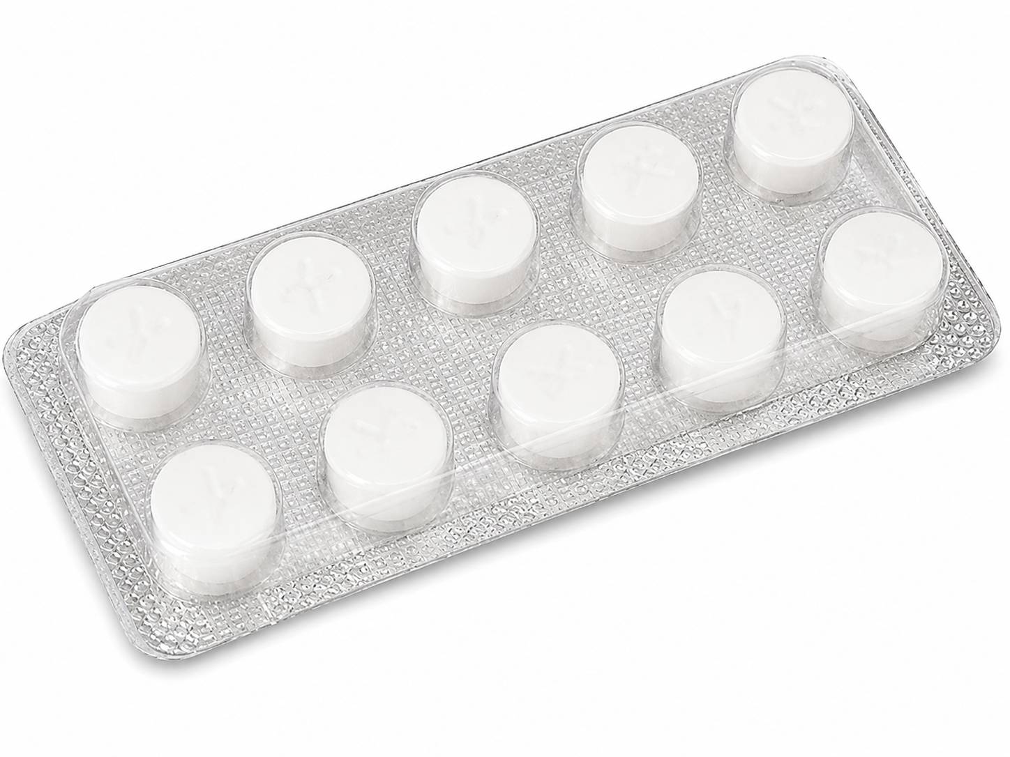 Eine transparente Kunststoff-Blisterpackung mit acht weißen runden Tabletten auf weißem Hintergrund.