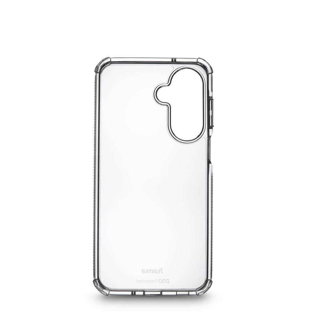 Transparente Smartphone-Schutzhülle mit erhöhtem Kameraausschnitt, auf weißem Hintergrund dargestellt.