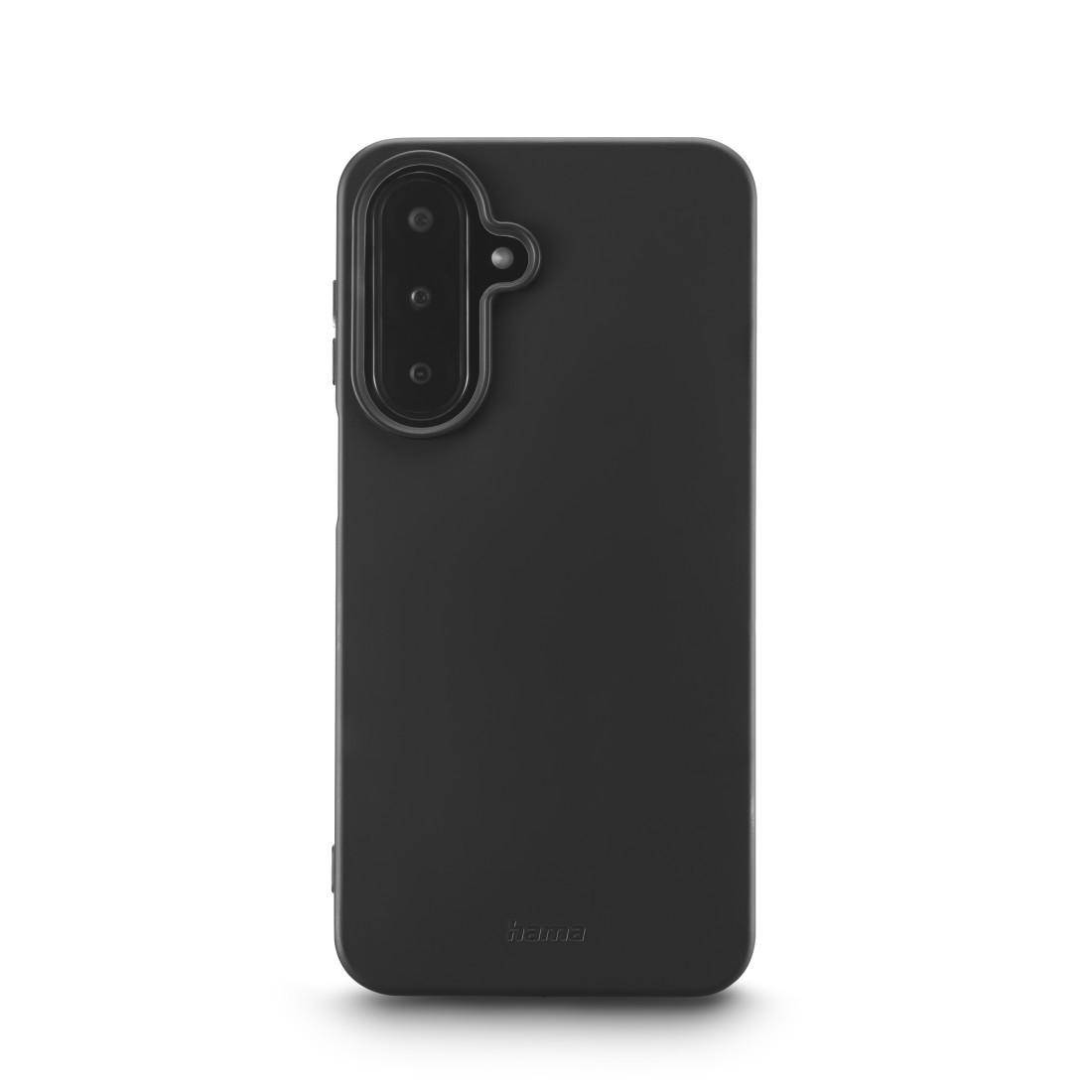 Schwarze Smartphone-Hülle von hinten gezeigt, mit einer erhöhten dreifachen Kameraaussparung oben links.