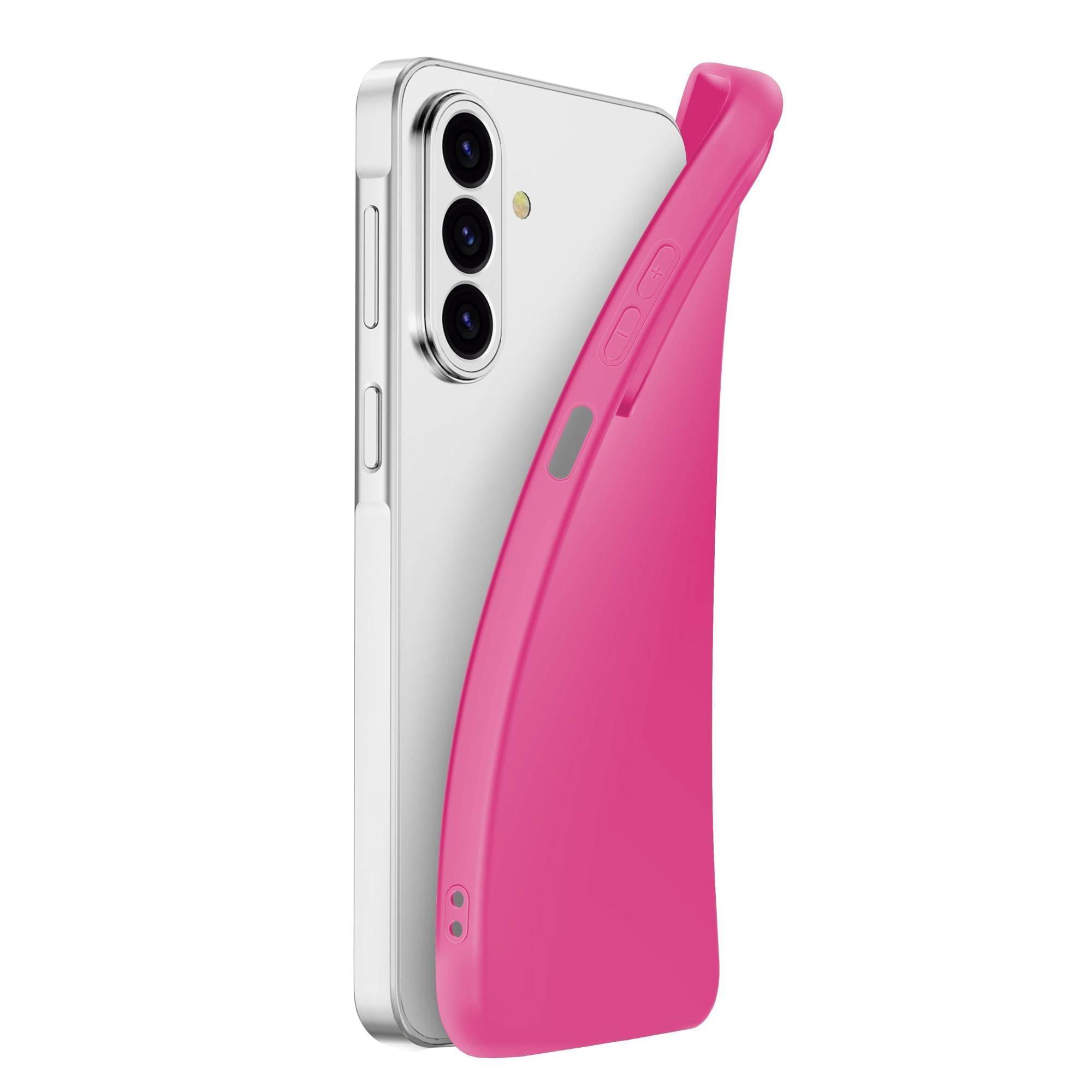 Silbernes Smartphone, das teilweise von einer leuchtend rosa Schutzhülle bedeckt ist, zeigt die rückwärtigen Kameras und die seitlichen Tasten.