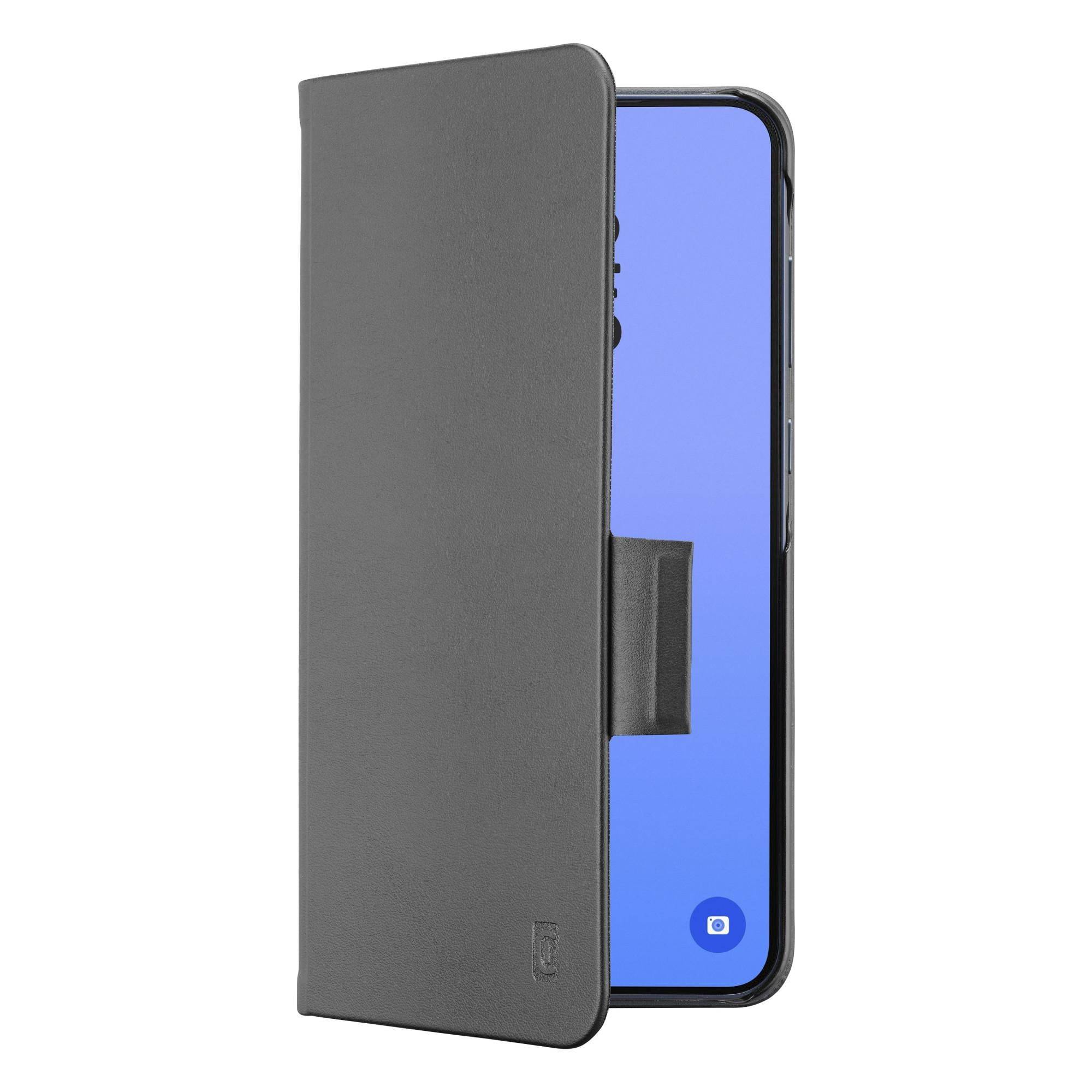 Smartphone in einem grauen Folio-Etui mit teilweise geöffnetem Umschlag, zeigt den Telefonbildschirm und die Kameraausschnitt.