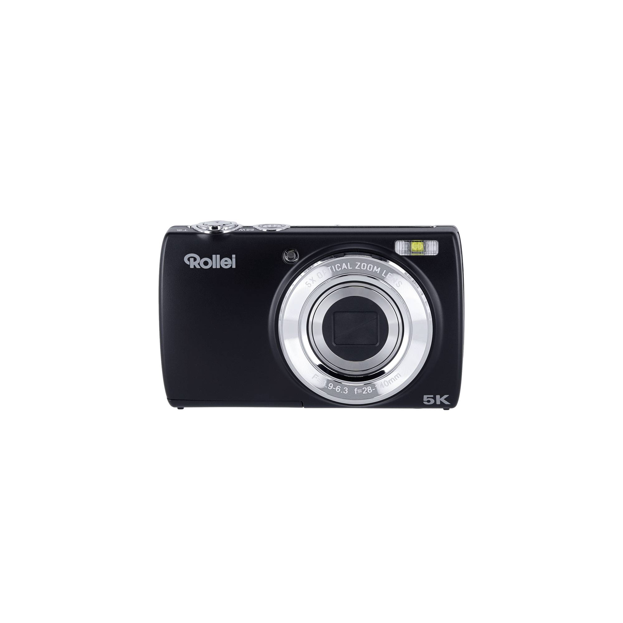 Schwarze Rollei-Digitalkamera mit großem Frontoblog und Blitz, vor einem einfachen schwarzen Hintergrund.