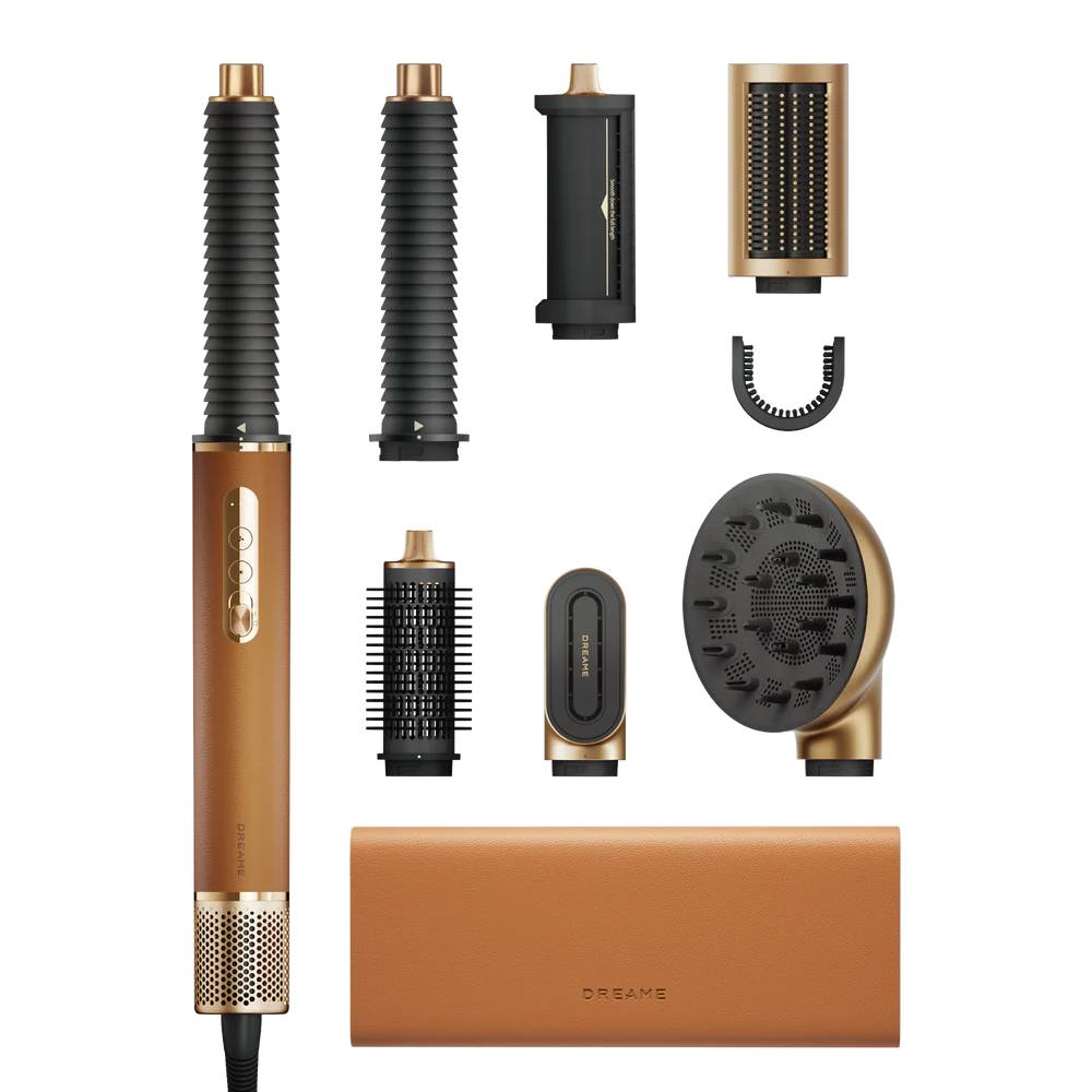 Schwarz-goldenes Haarstyling-Gerät mit austauschbaren Aufsätzen, einschließlich Bürste, Diffusor und Düse, mit Aufbewahrungskoffer auf schwarzem Hintergrund dargestellt.