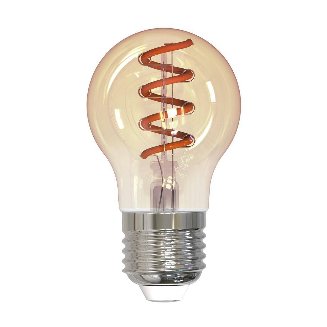 Transparente LED-Glühbirne mit sichtbarem orange leuchtendem Spiralfilament auf weißem Hintergrund.